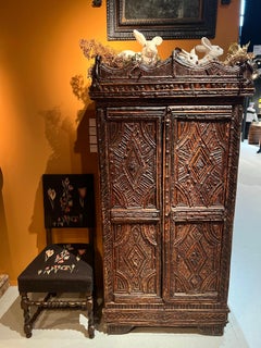 19th-Century Two-Door Cabinet with Hazel Twig and Bark. Landes, France