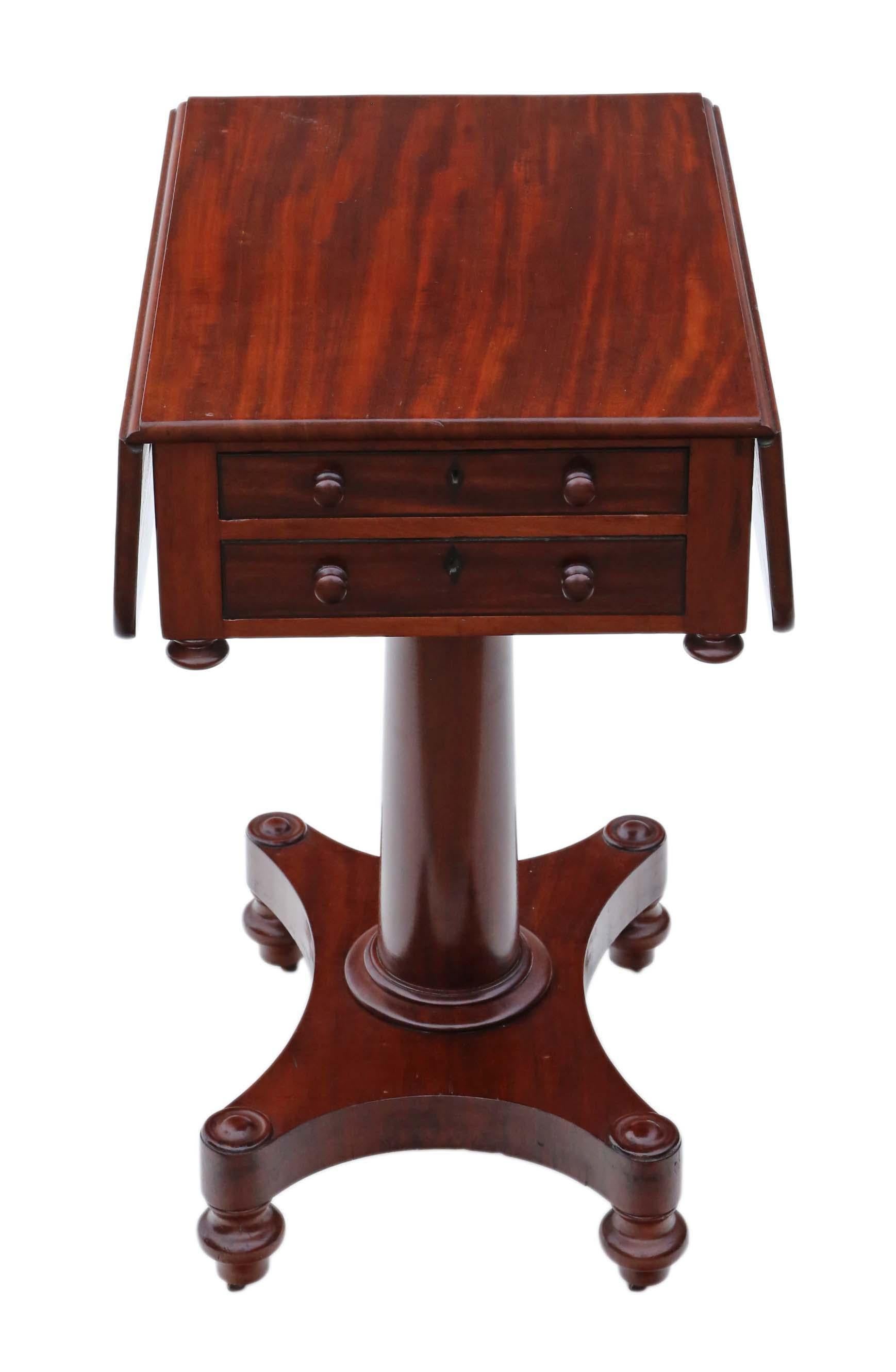 19th century mahogany two drawer drop leaf work table, circa 1820-1840 (Regency/William IV). Two mahogany lined drawers to one side, which slide freely (dummies to the other).
Solid and strong, with no loose joints and no woodworm. Full of age,