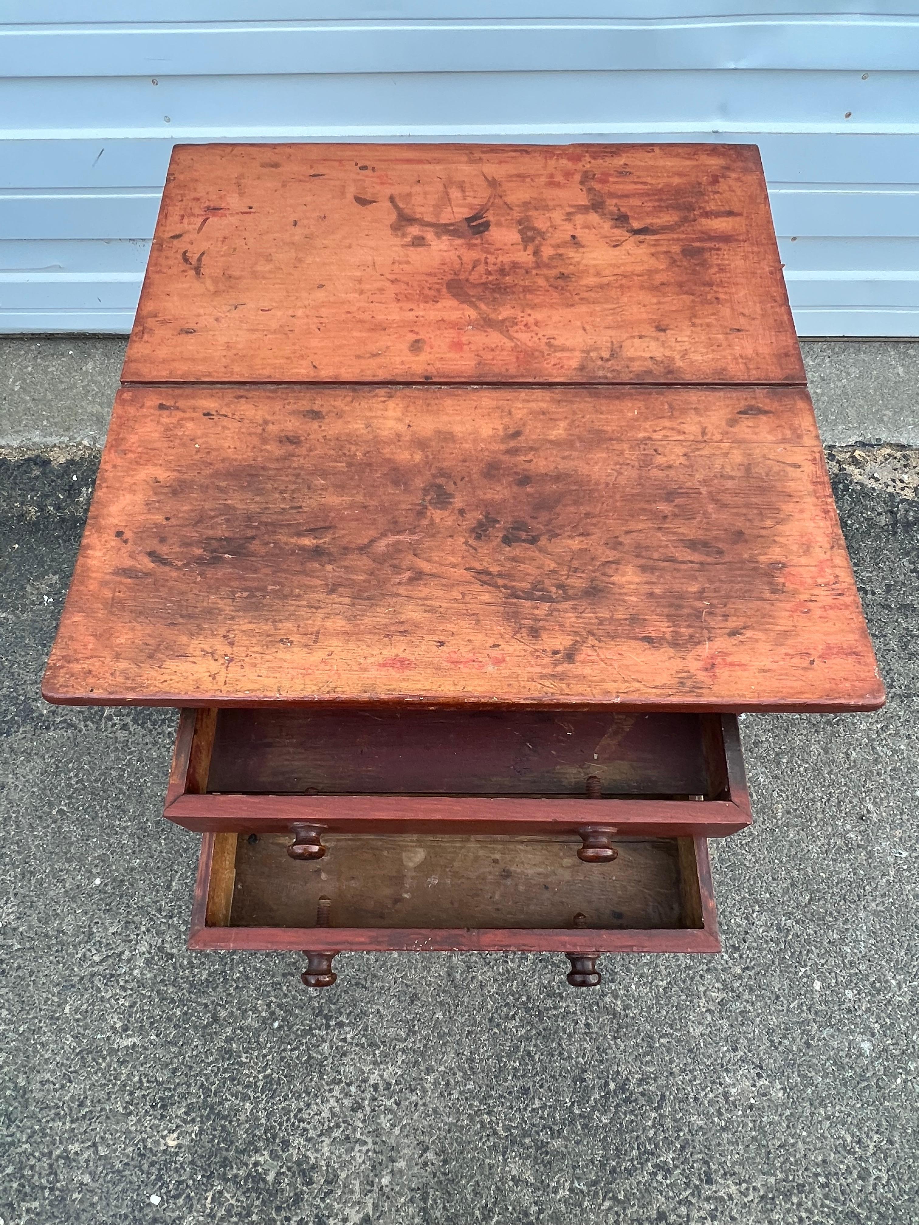 Pine 19th Century Two Drawer Side Table in Original Red Paint For Sale