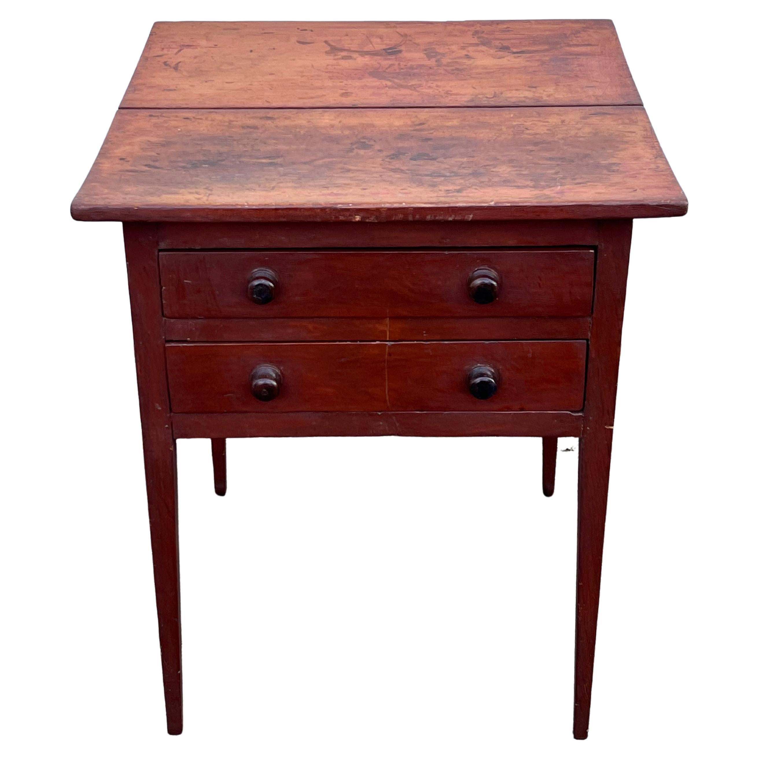 19th Century Two Drawer Side Table in Original Red Paint For Sale