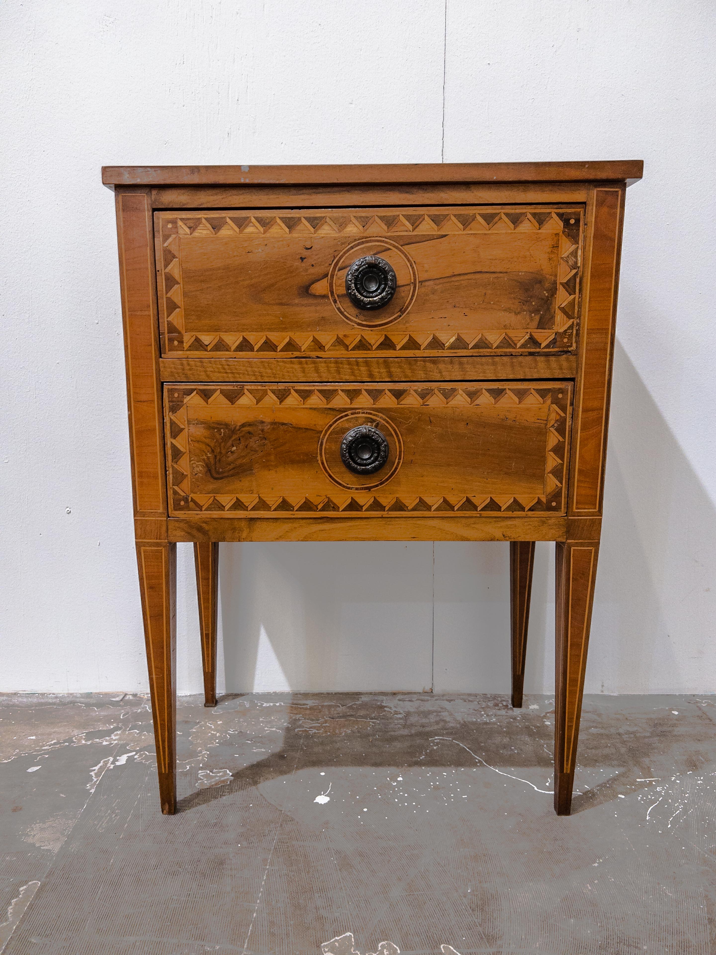 Louis XVI 19th Century Two Drawer Small Fruitwood Commode with Marquetry Detail For Sale