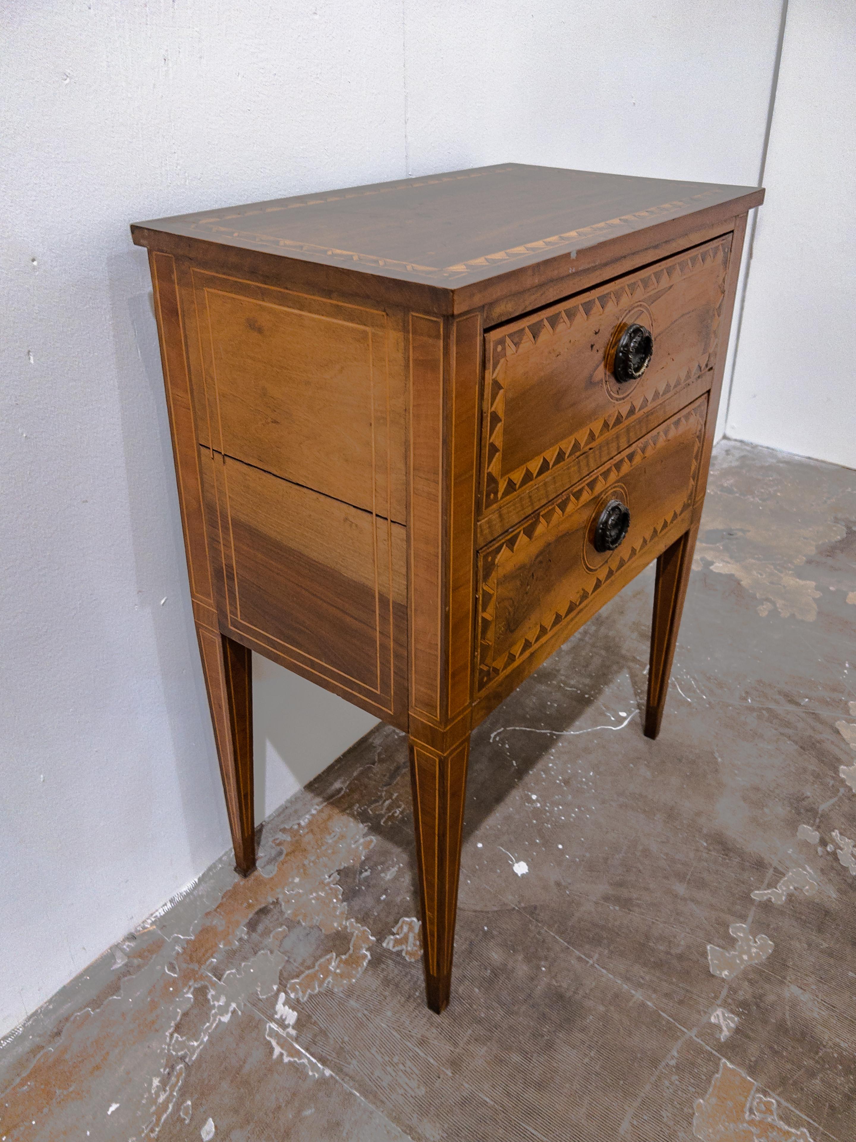 Wood 19th Century Two Drawer Small Fruitwood Commode with Marquetry Detail For Sale