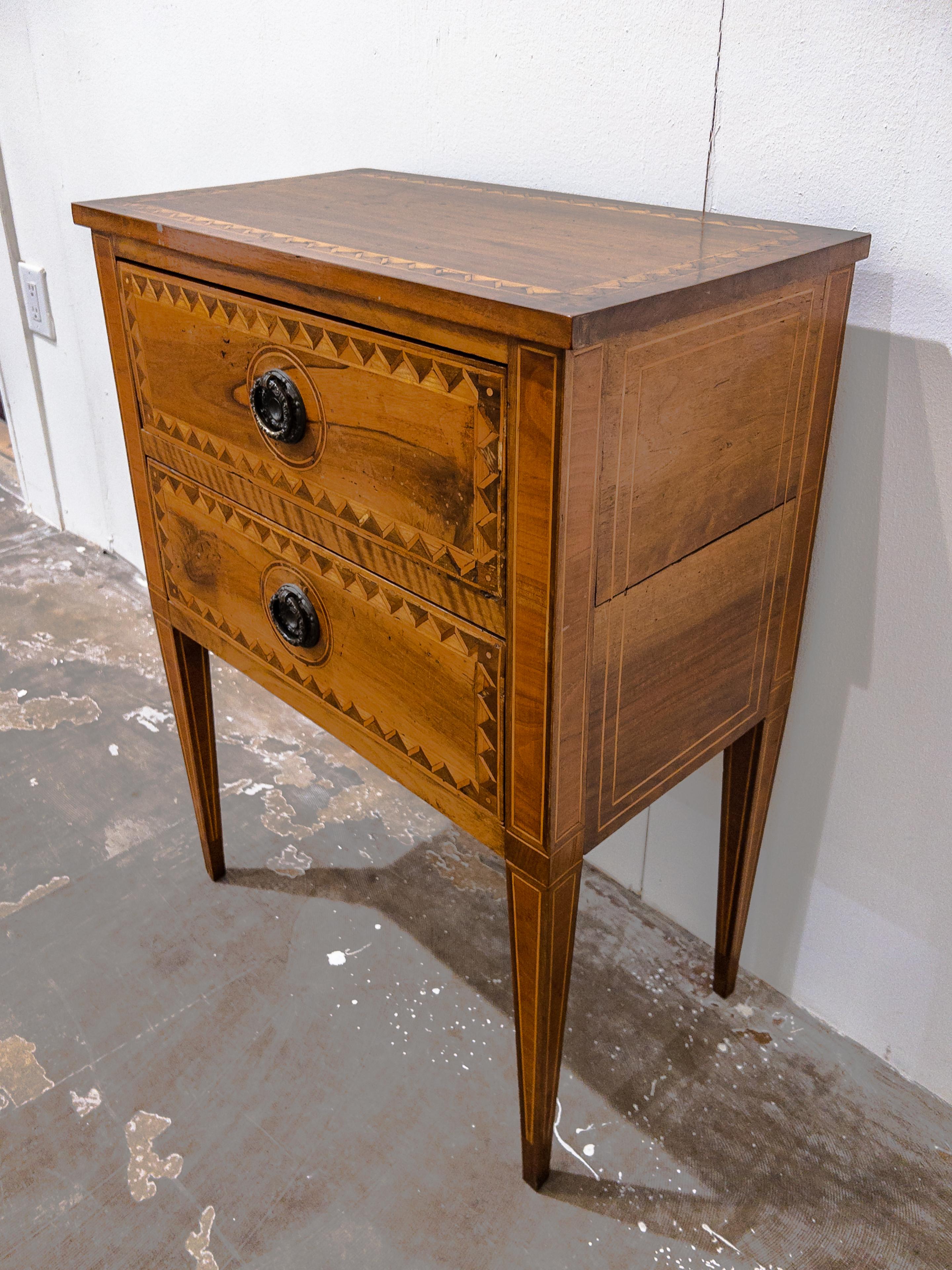 19th Century Two Drawer Small Fruitwood Commode with Marquetry Detail For Sale 1