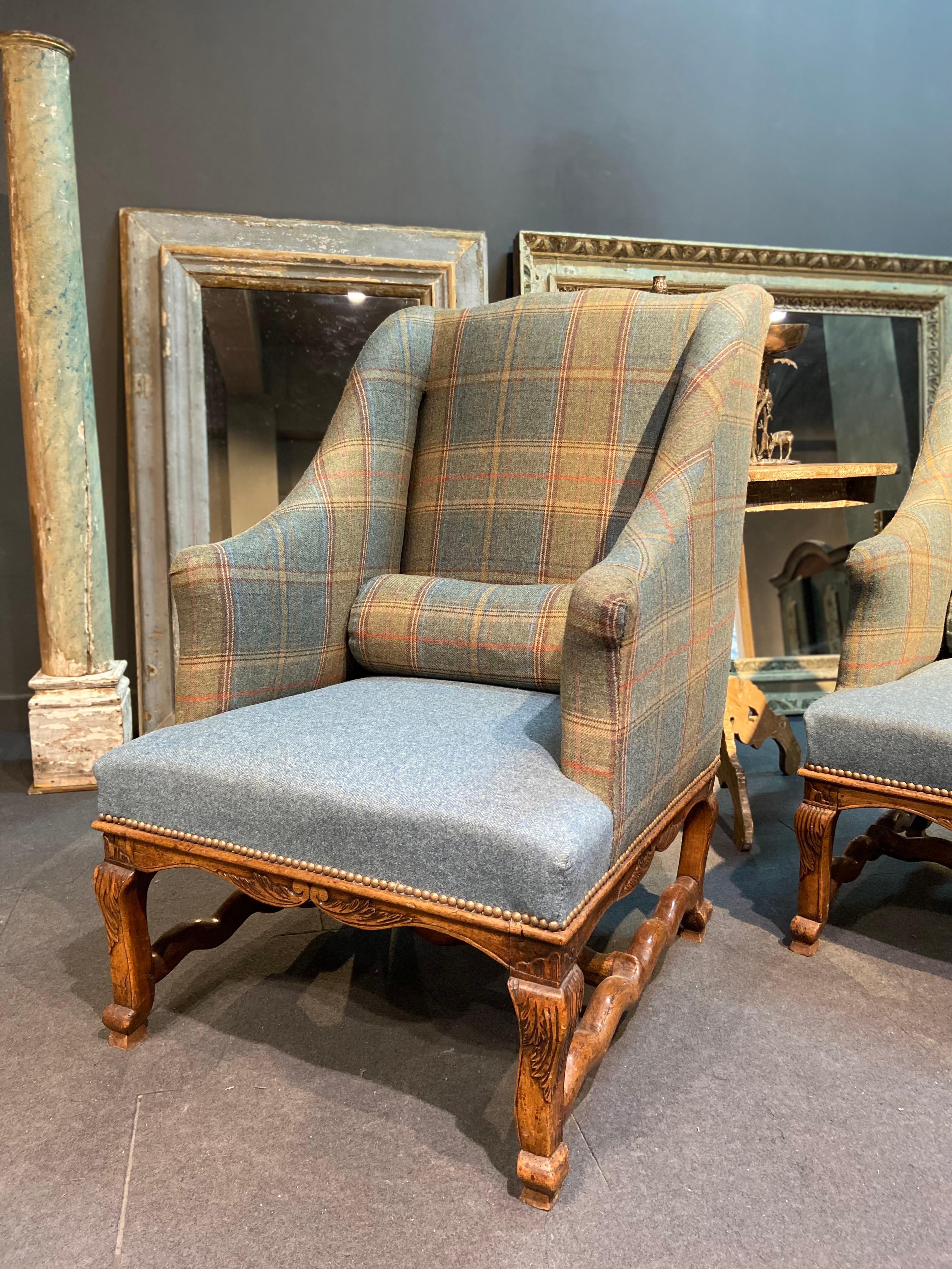 19th Century Two French Large Armchairs in Wool Upholstery For Sale 1