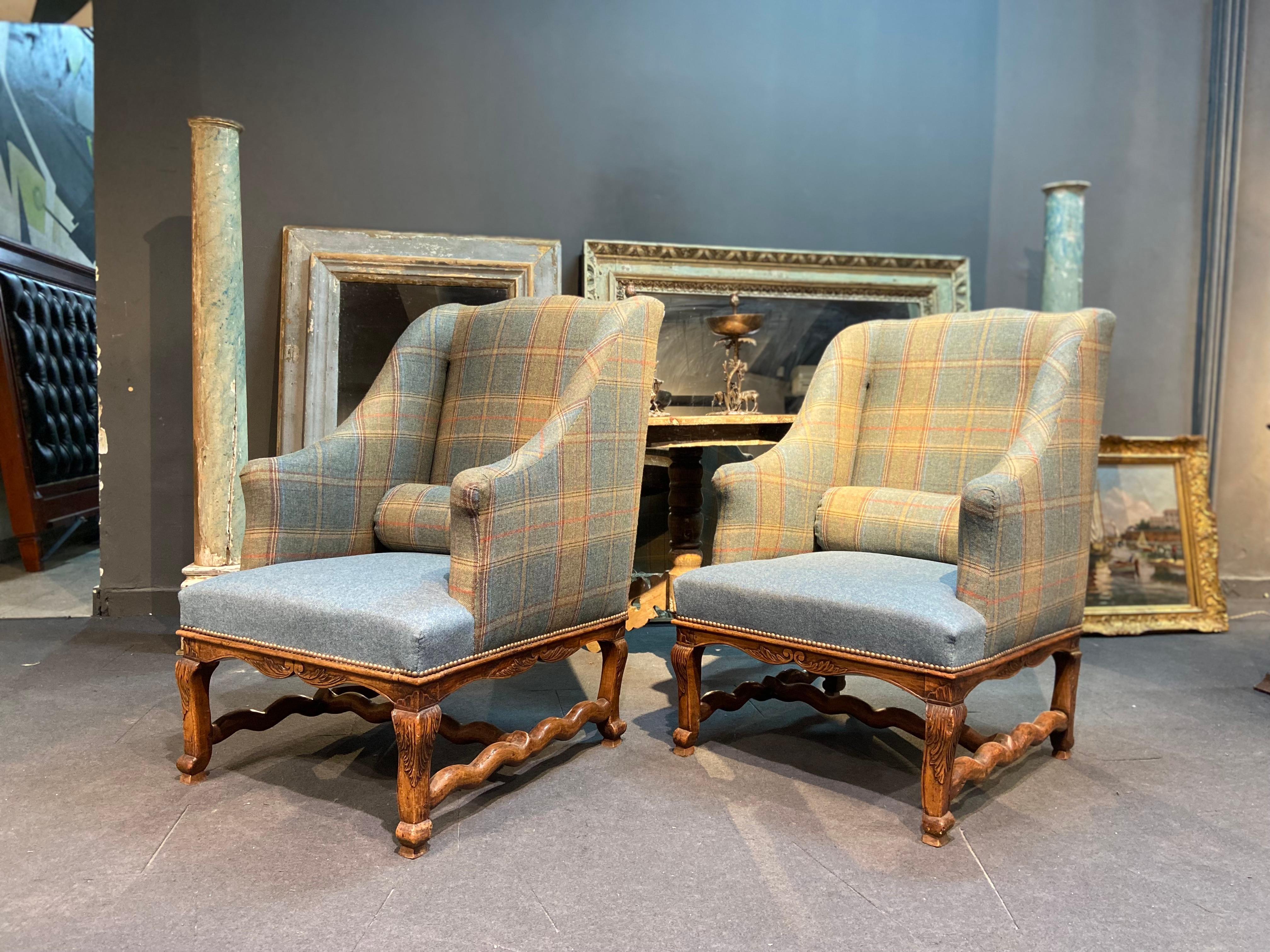19th Century Two French Large Armchairs in Wool Upholstery For Sale 2