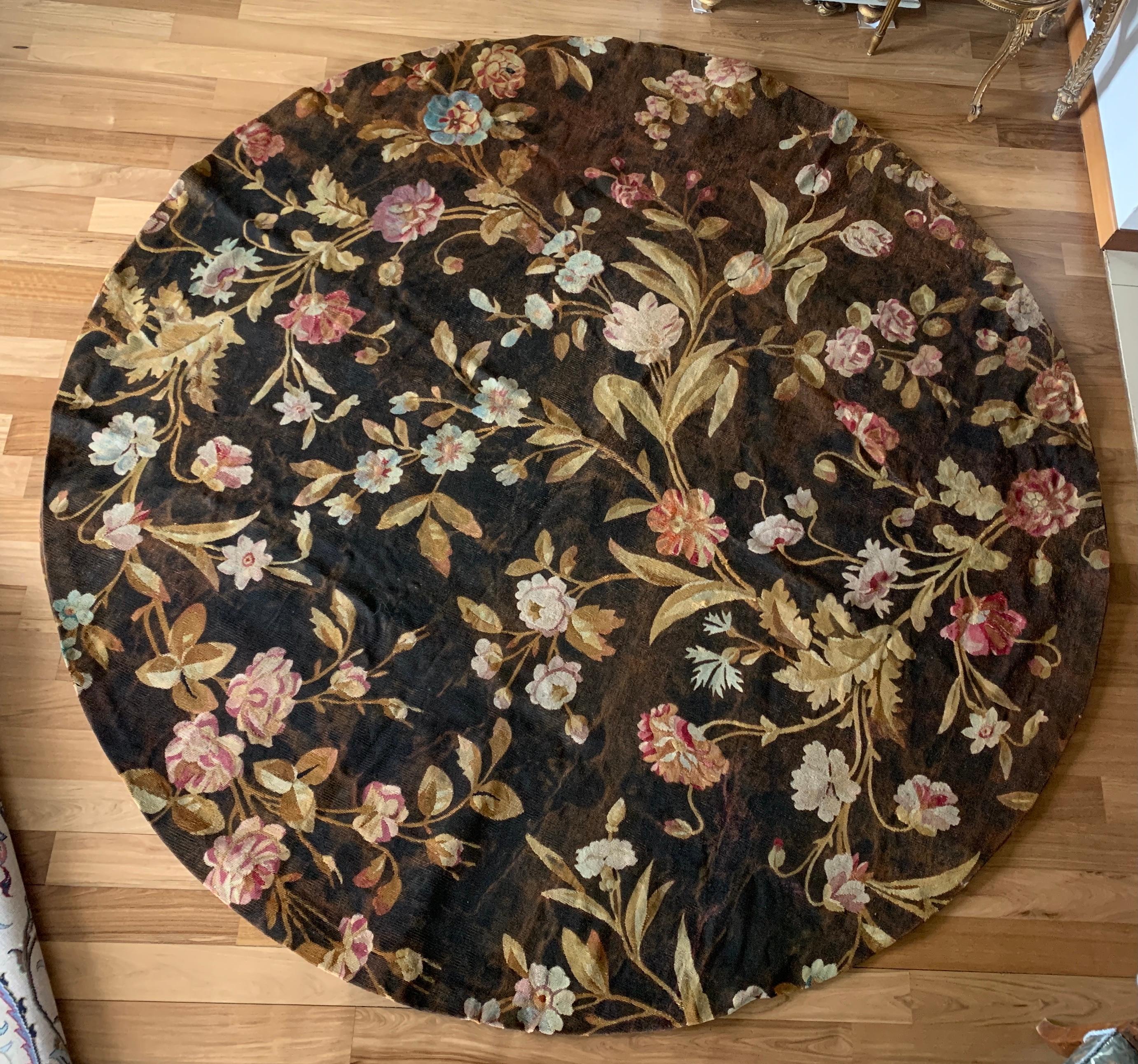 19th Century Two French Round Wool Tapestries with Flowers on Dark Ground For Sale 1