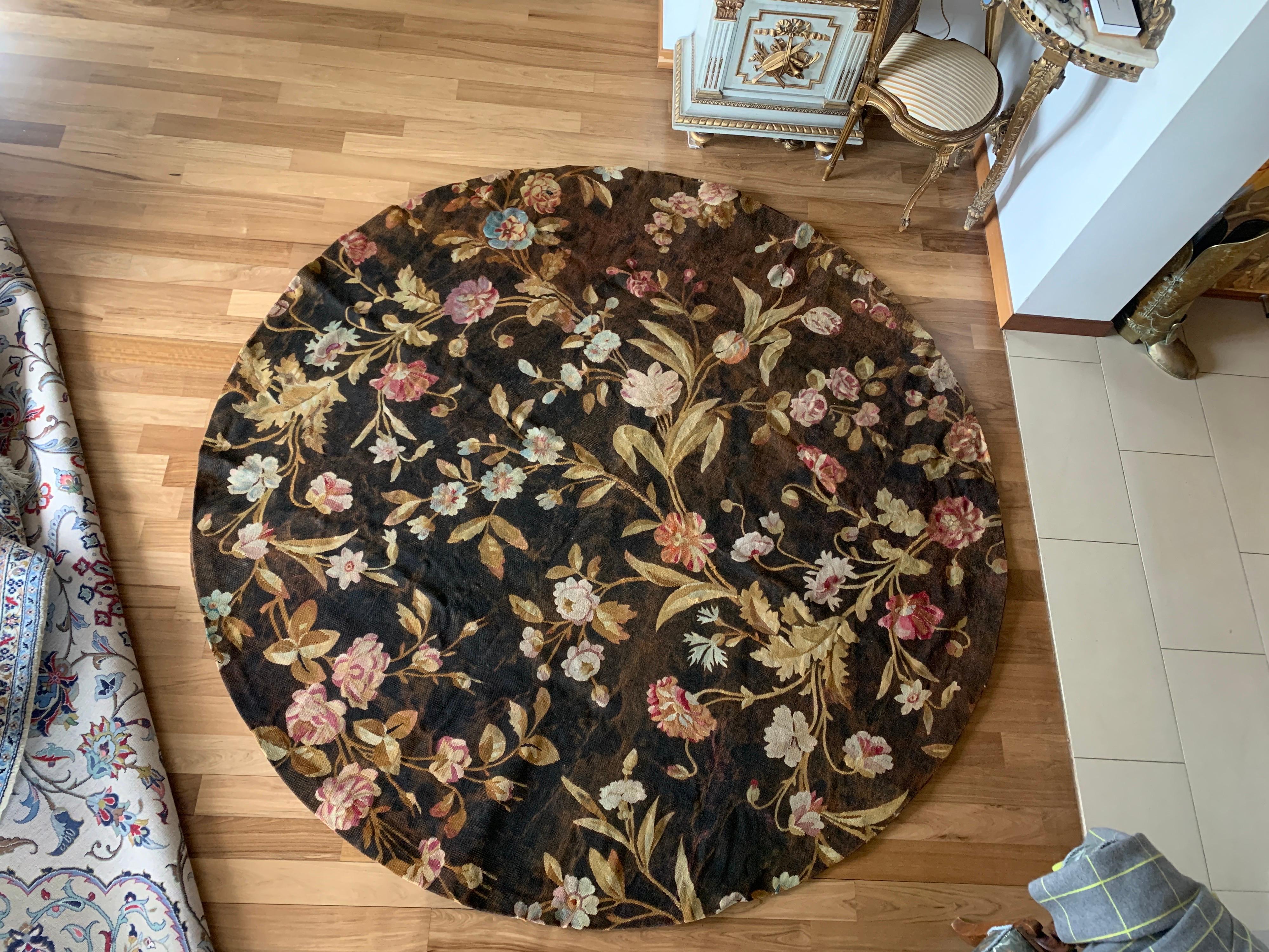 19th Century Two French Round Wool Tapestries with Flowers on Dark Ground For Sale 2