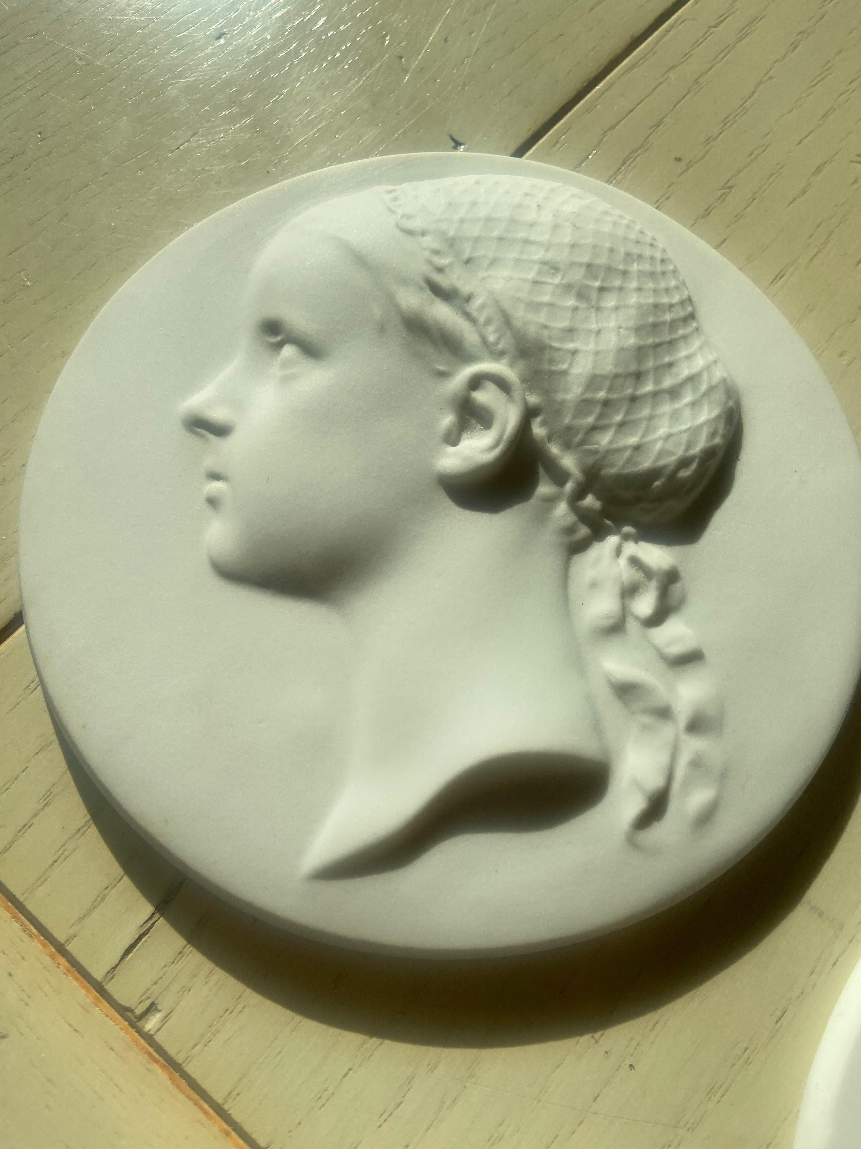 Porcelain 19th Century Two French Sevres Discs in Biscuit with Profile of a Young Lady For Sale