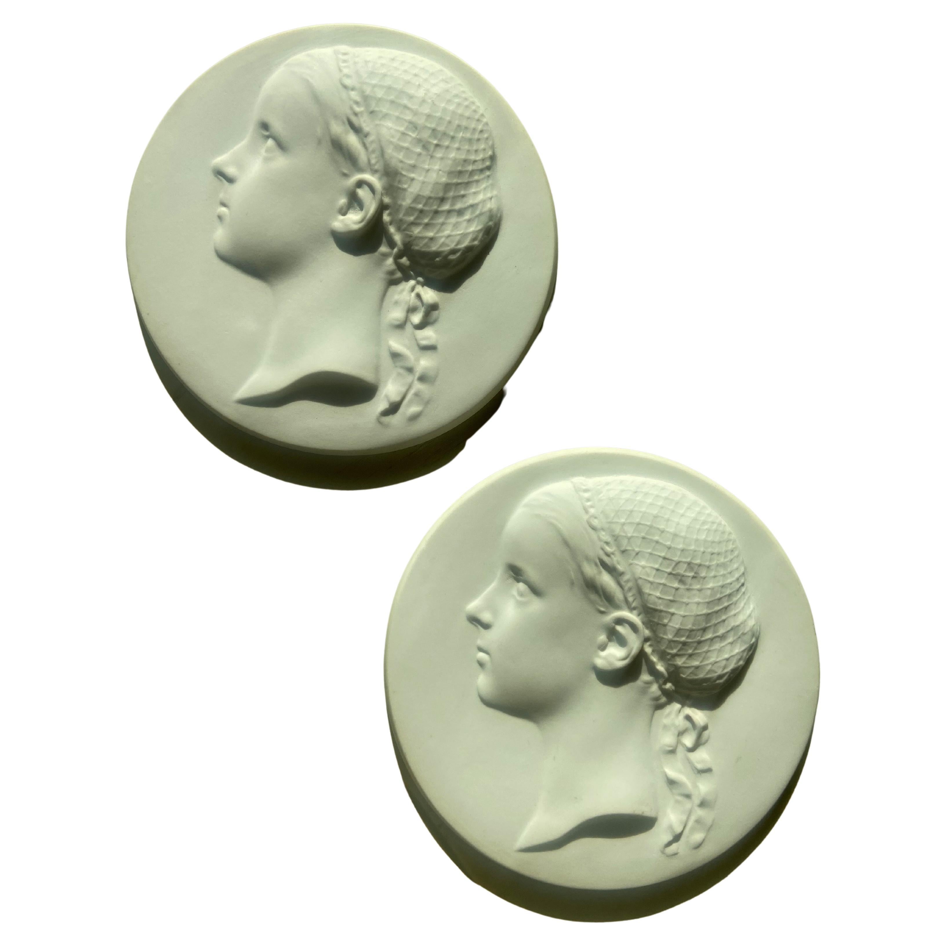 19th Century Two French Sevres Discs in Biscuit with Profile of a Young Lady For Sale