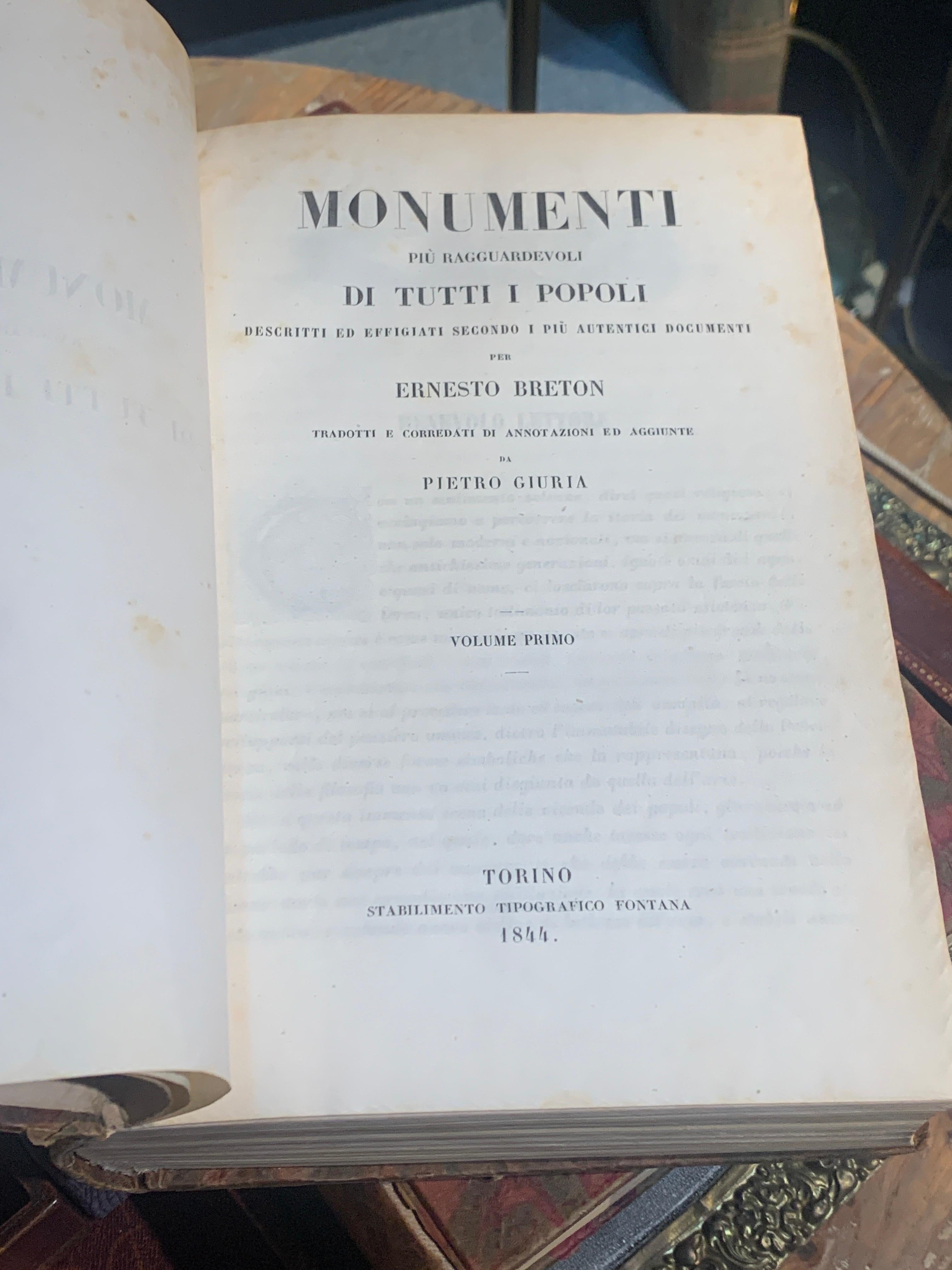 Paper 19th Century Two Italian Volumes Monumenti Di Tutti I Popoli by Ernest Breton For Sale