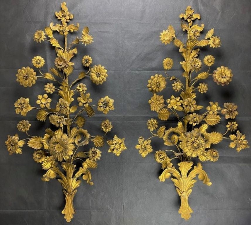 19th Century Two Large Venetian Gilt Wrought Iron Church Decorative Wall Sconces For Sale