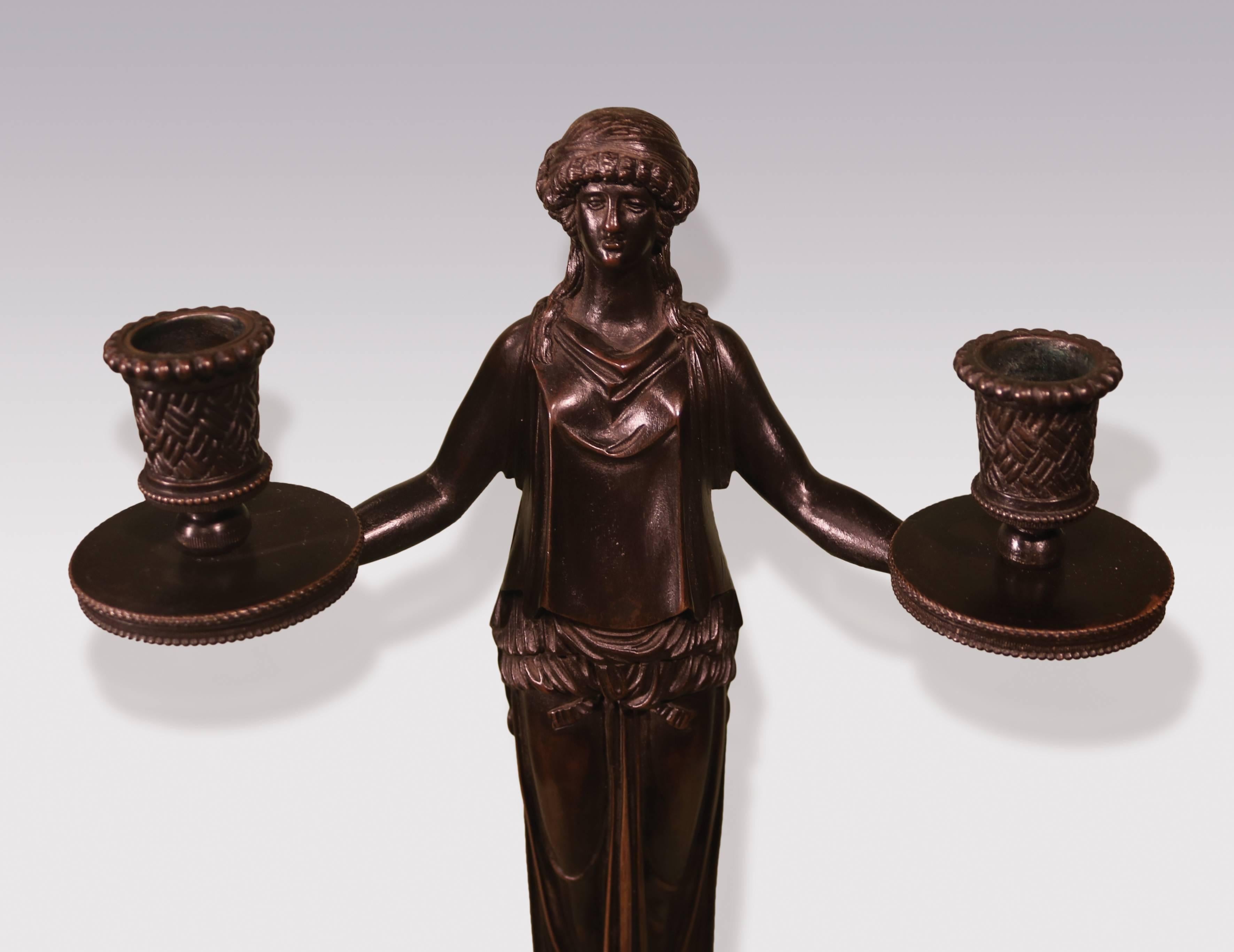 19th Century Two-Light Bronze and Marble Candelabra in the manner of Thomas Hope In Good Condition For Sale In London, GB