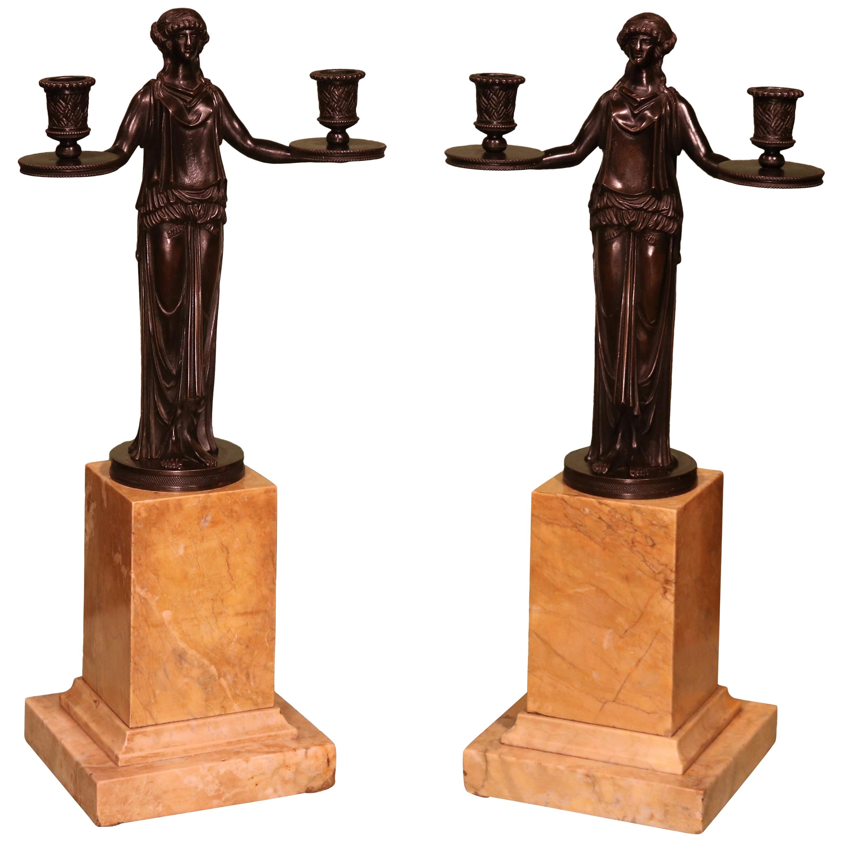 19th Century Two-Light Bronze and Marble Candelabra in the manner of Thomas Hope For Sale