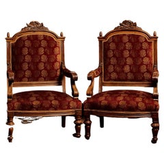 Antique 19th Century, Two Neoclassical Bergere in Walnut Wood and Carved Parts