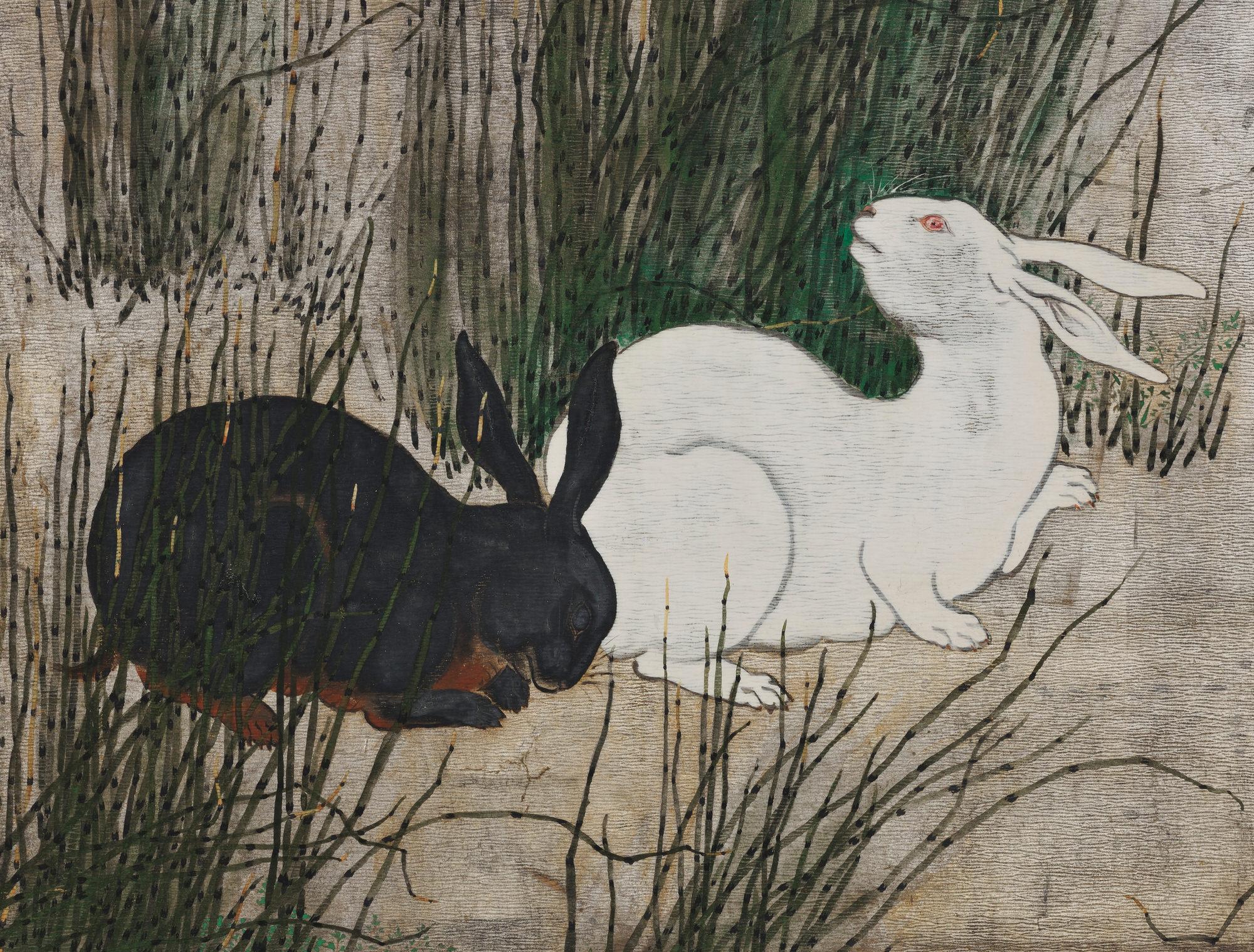 Unknown artist

Rabbits and Horsetail Reeds

Painted in the Year of the Fire Dog, 1826 or 1886. 19th century.

The scene depicted here is set under moonlight, with two hares hidden amongst Japanese horsetail reeds. In Japan horsetails have