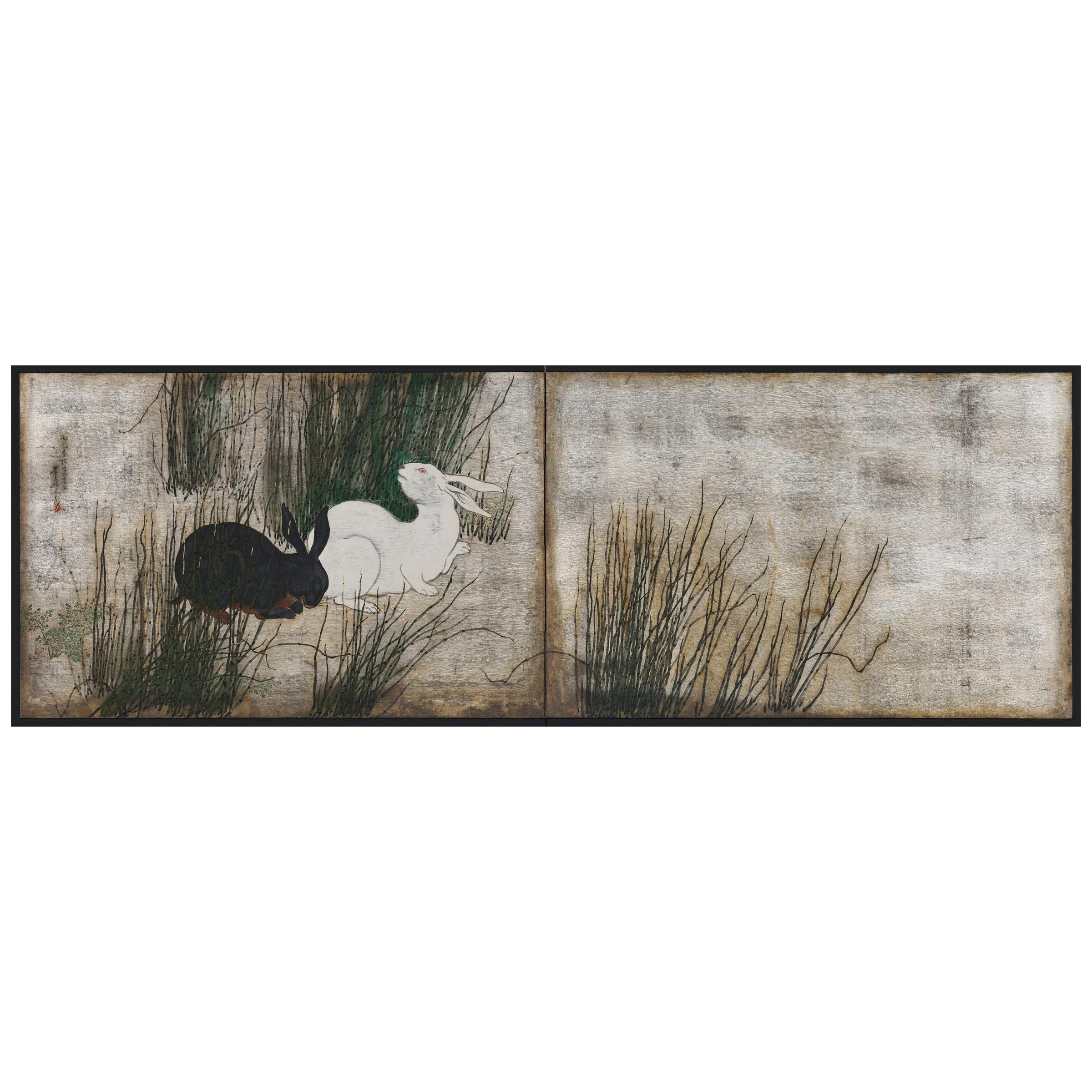 Paravent japonais, 19ème siècle, lapins et roseaux à queue de cheval sur feuille d'argent