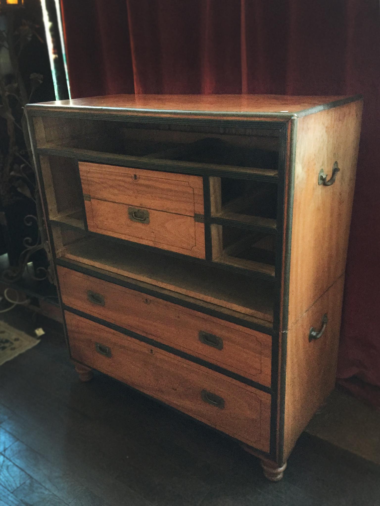 19th Century Two-Part Camphor Wood Campaign Chest and Secretary Desk 5