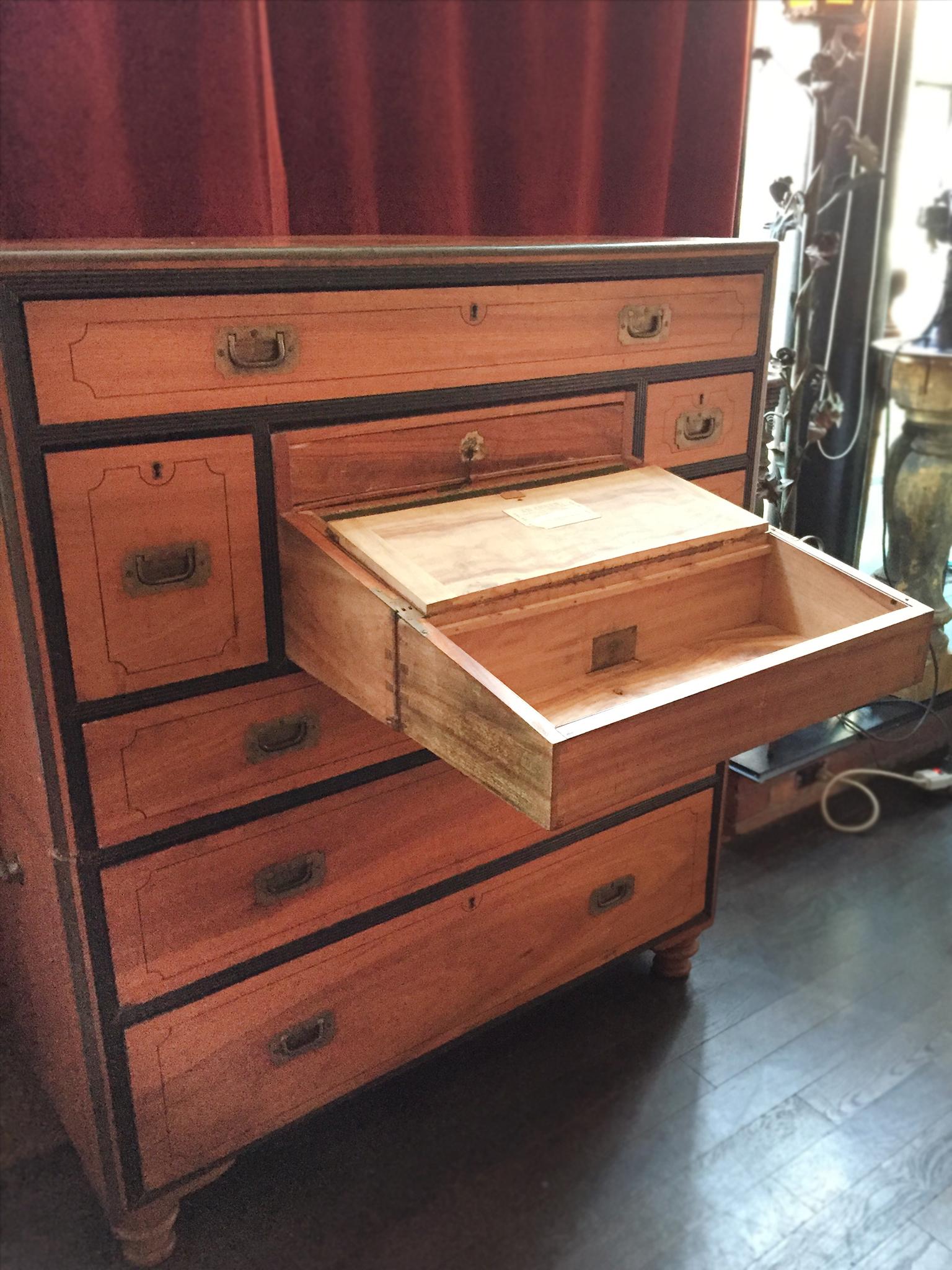 19th Century Two-Part Camphor Wood Campaign Chest and Secretary Desk 9