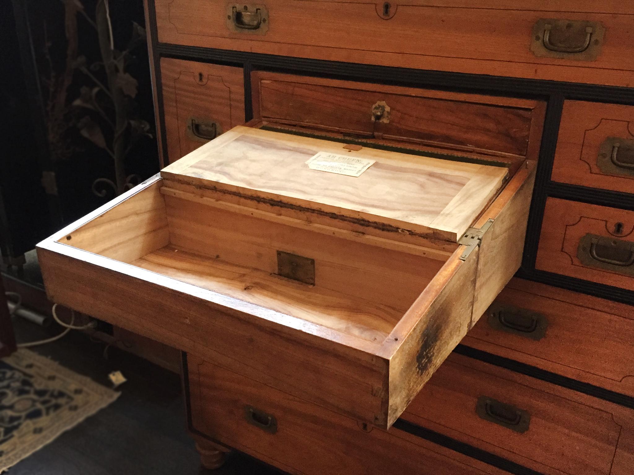 19th Century Two-Part Camphor Wood Campaign Chest and Secretary Desk 10