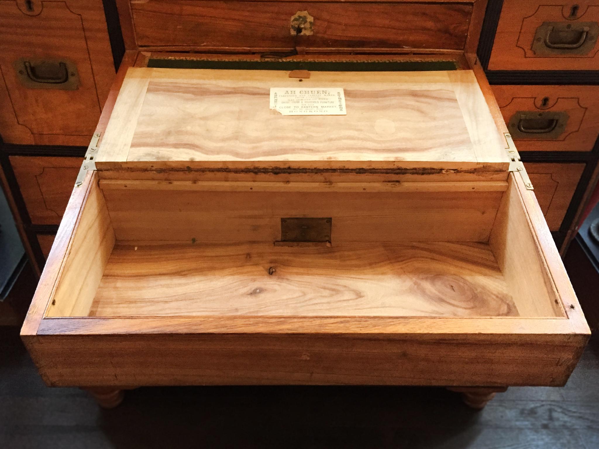 19th Century Two-Part Camphor Wood Campaign Chest and Secretary Desk 11