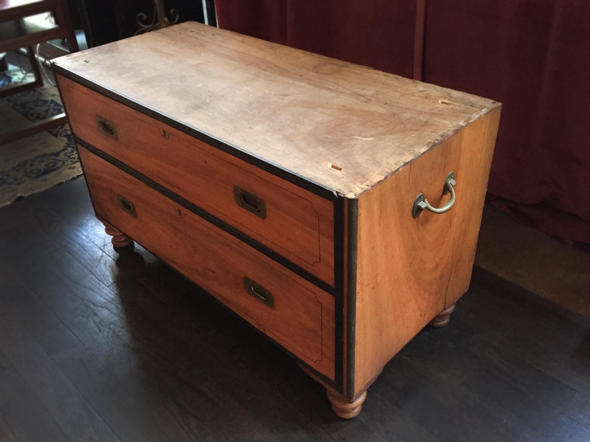 19th Century Two-Part Camphor Wood Campaign Chest and Secretary Desk In Excellent Condition In New York, NY