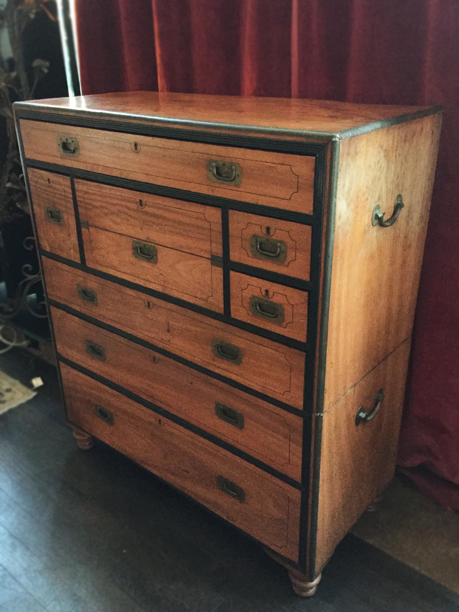 19th Century Two-Part Camphor Wood Campaign Chest and Secretary Desk 3