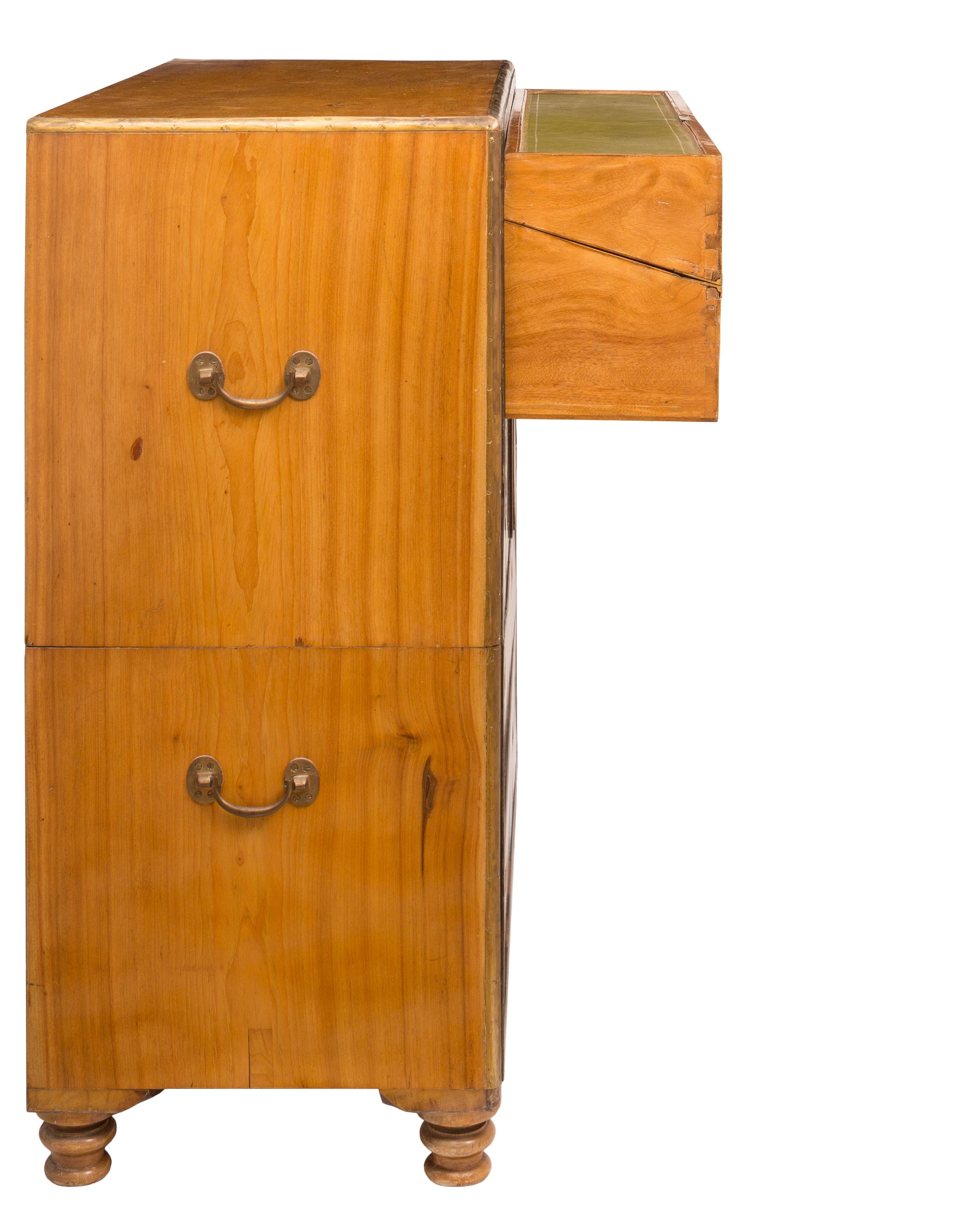 English 19th Century Two-Piece Camphor Wood Campaign Chest with Folding Writing Desk For Sale