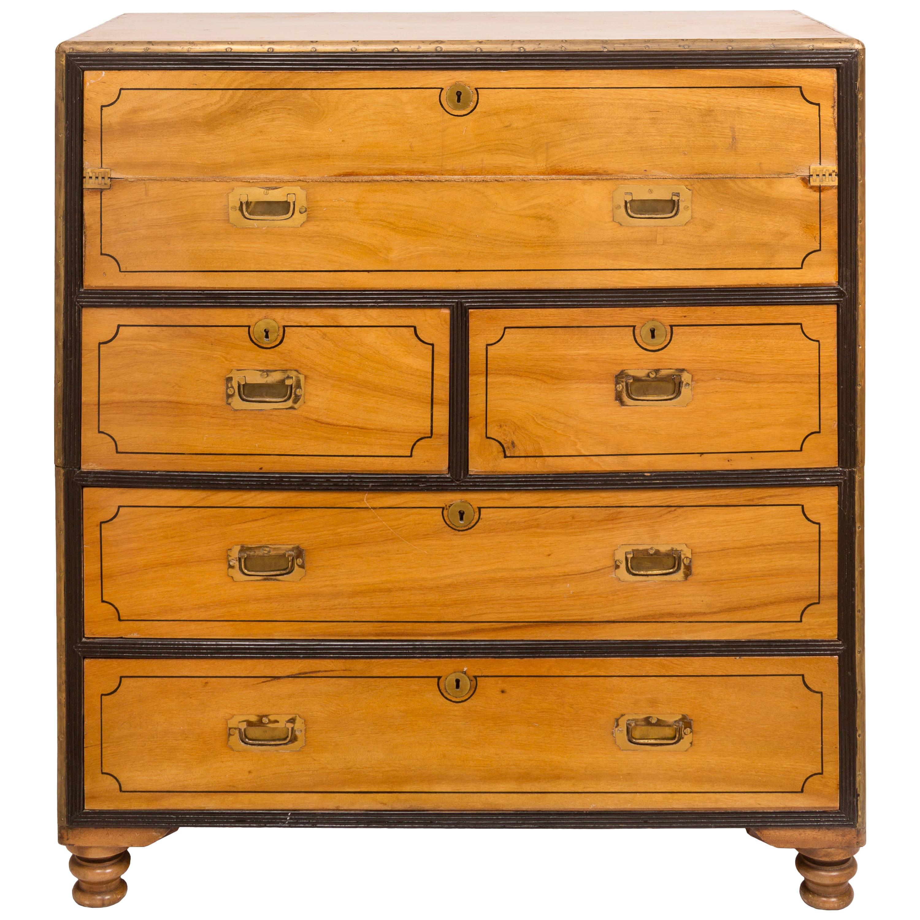 19th Century Two-Piece Camphor Wood Campaign Chest with Folding Writing Desk For Sale