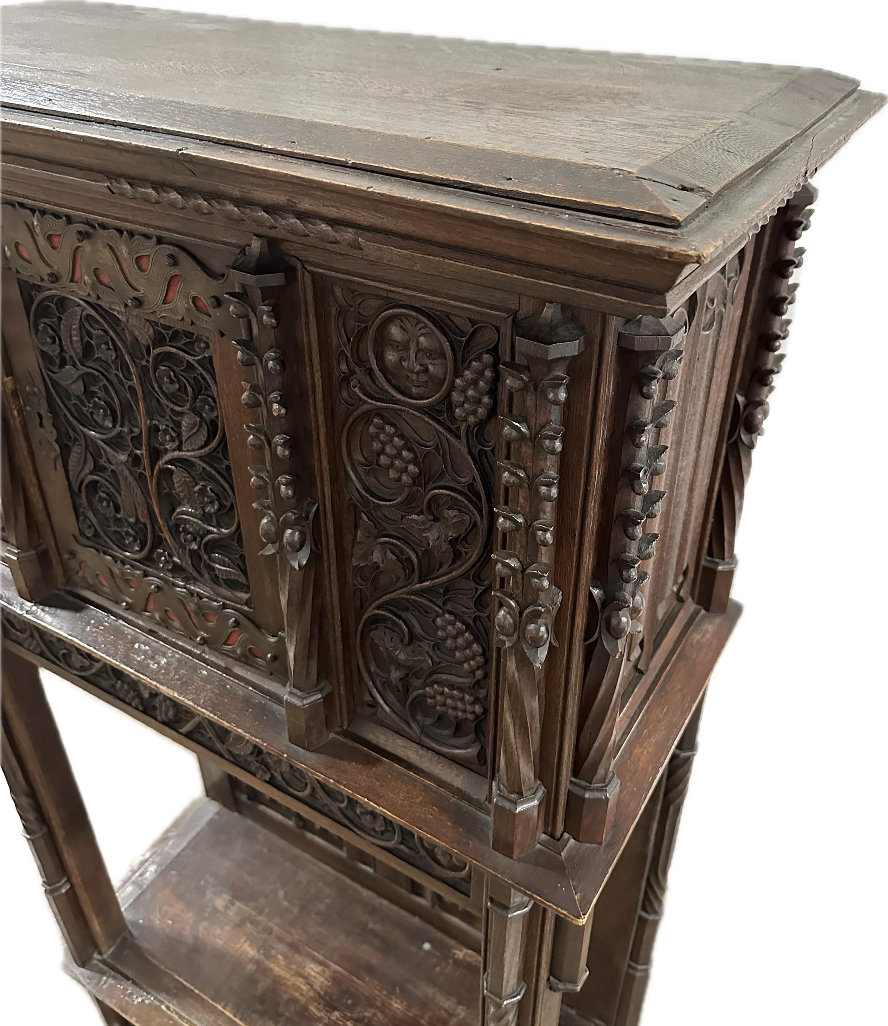 Carved 19th Century Two-Piece Gothic Style Oak Cabinet For Sale