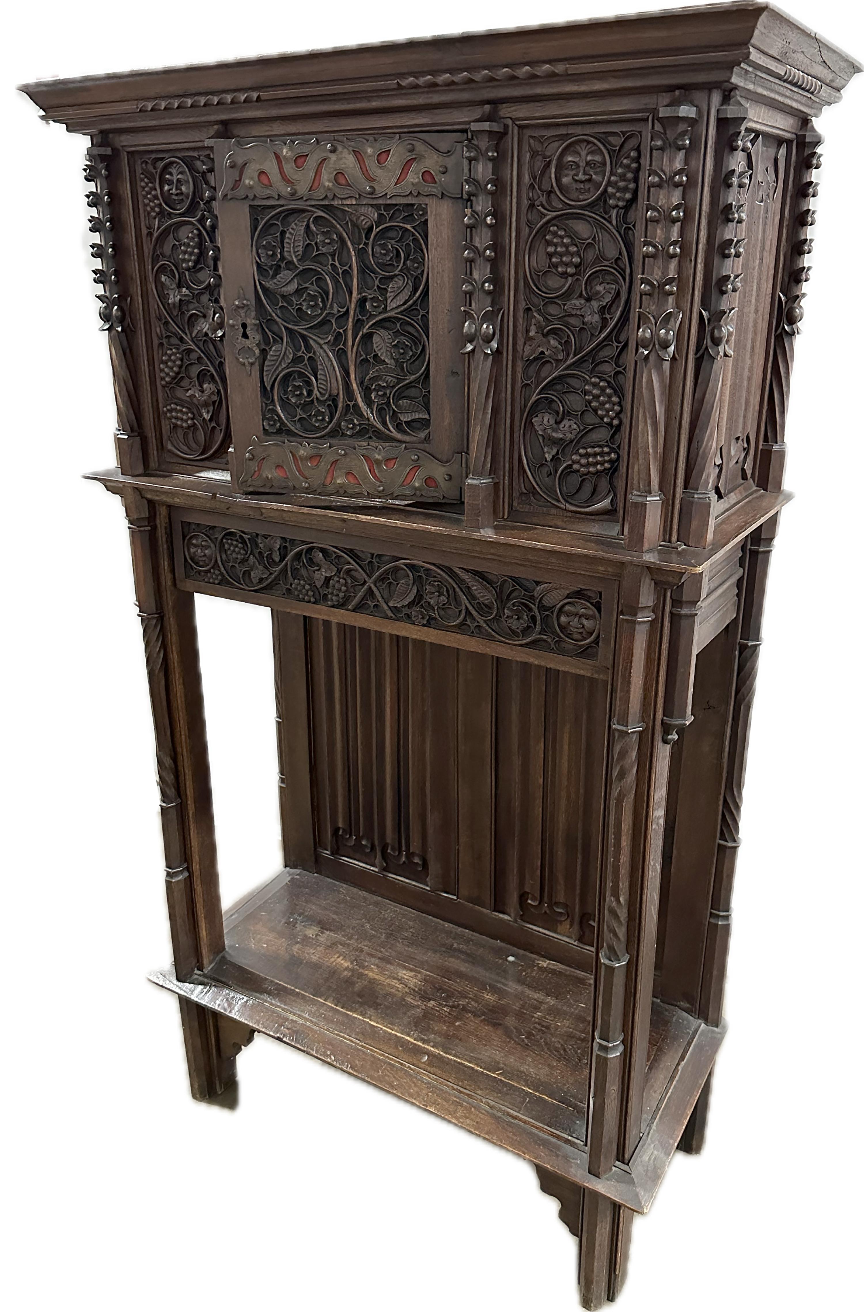 19th Century Two-Piece Gothic Style Oak Cabinet For Sale 1
