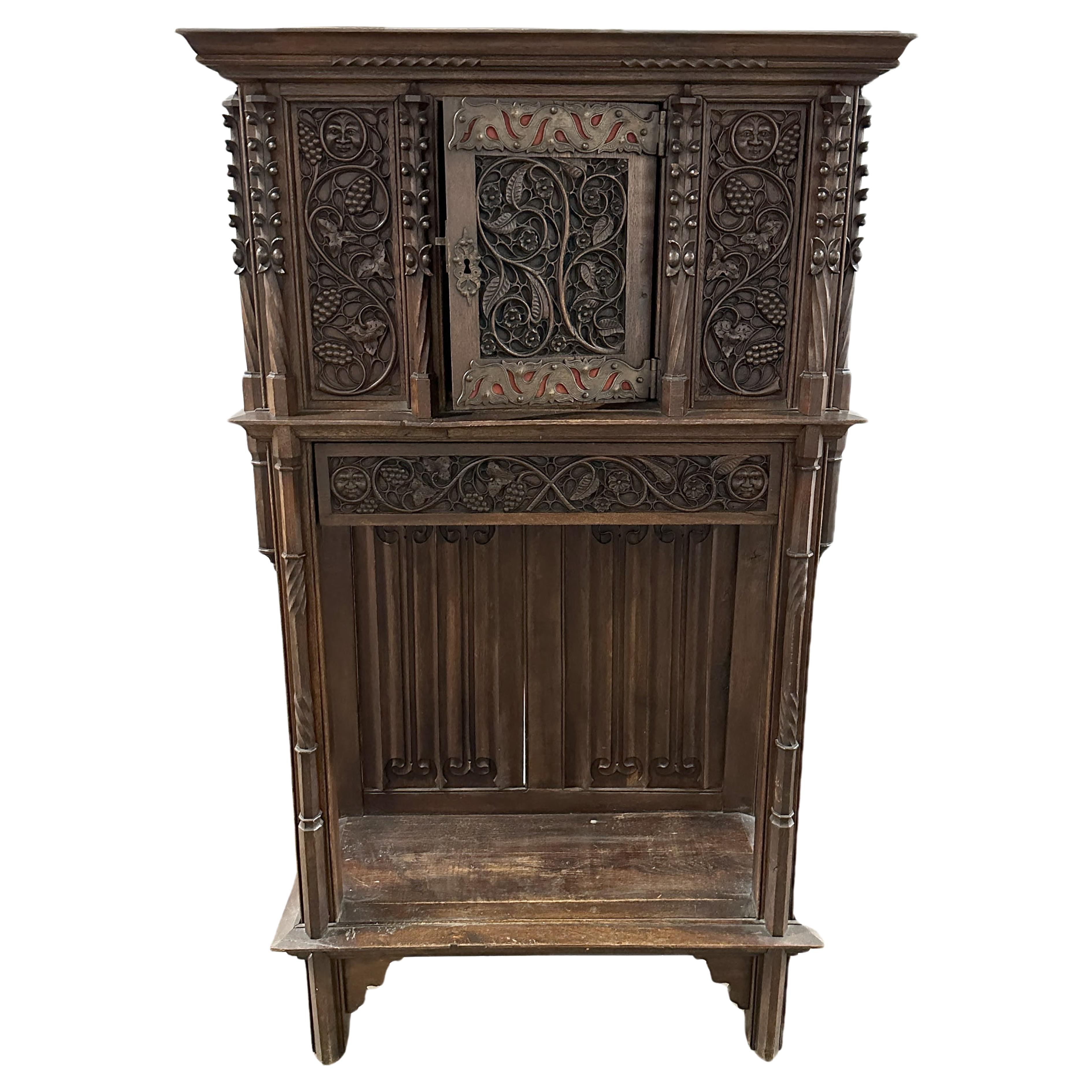 19th Century Two-Piece Gothic Style Oak Cabinet For Sale