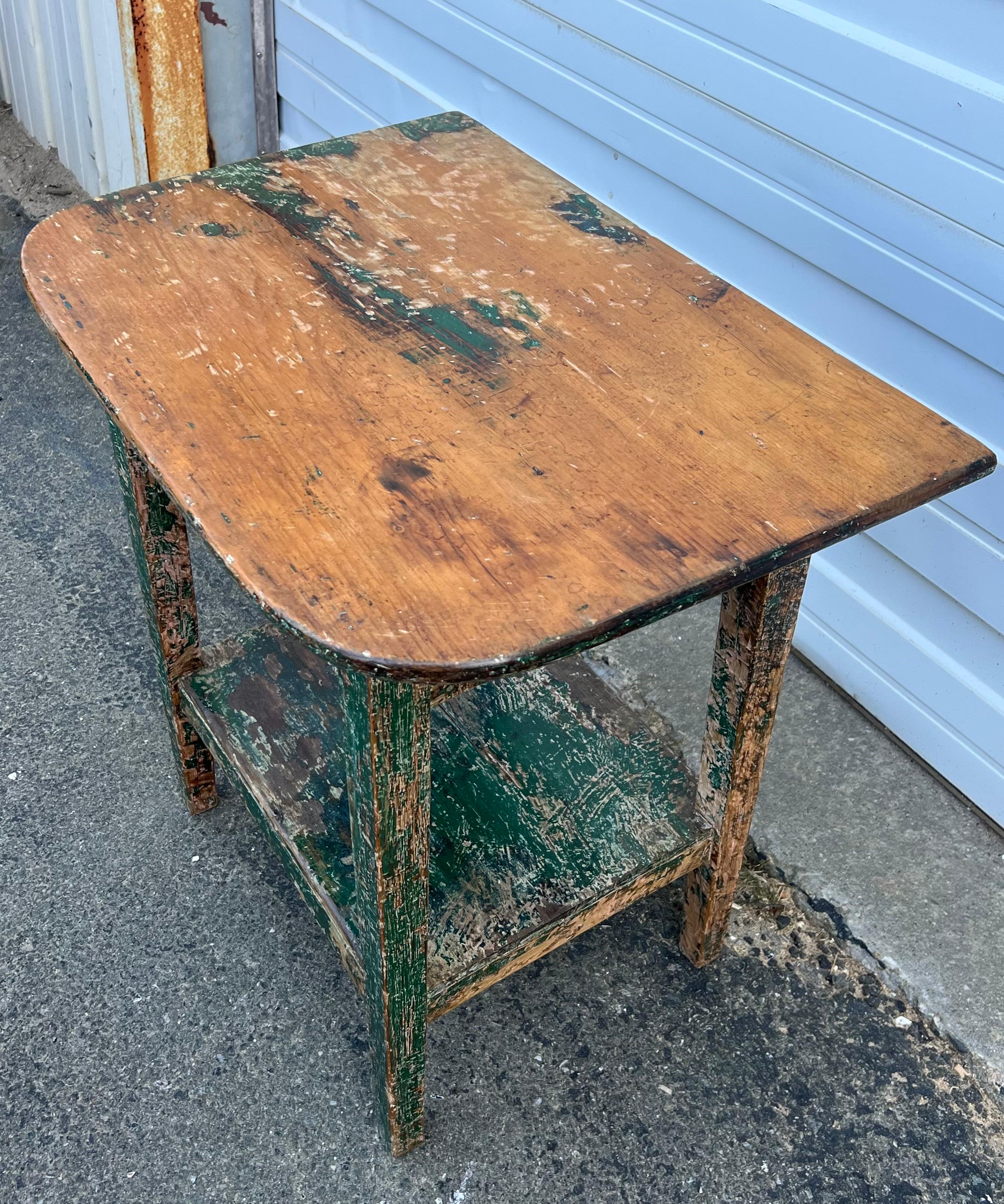 Hand-Crafted 19th Century Two Tier Side Table in Original Green Paint