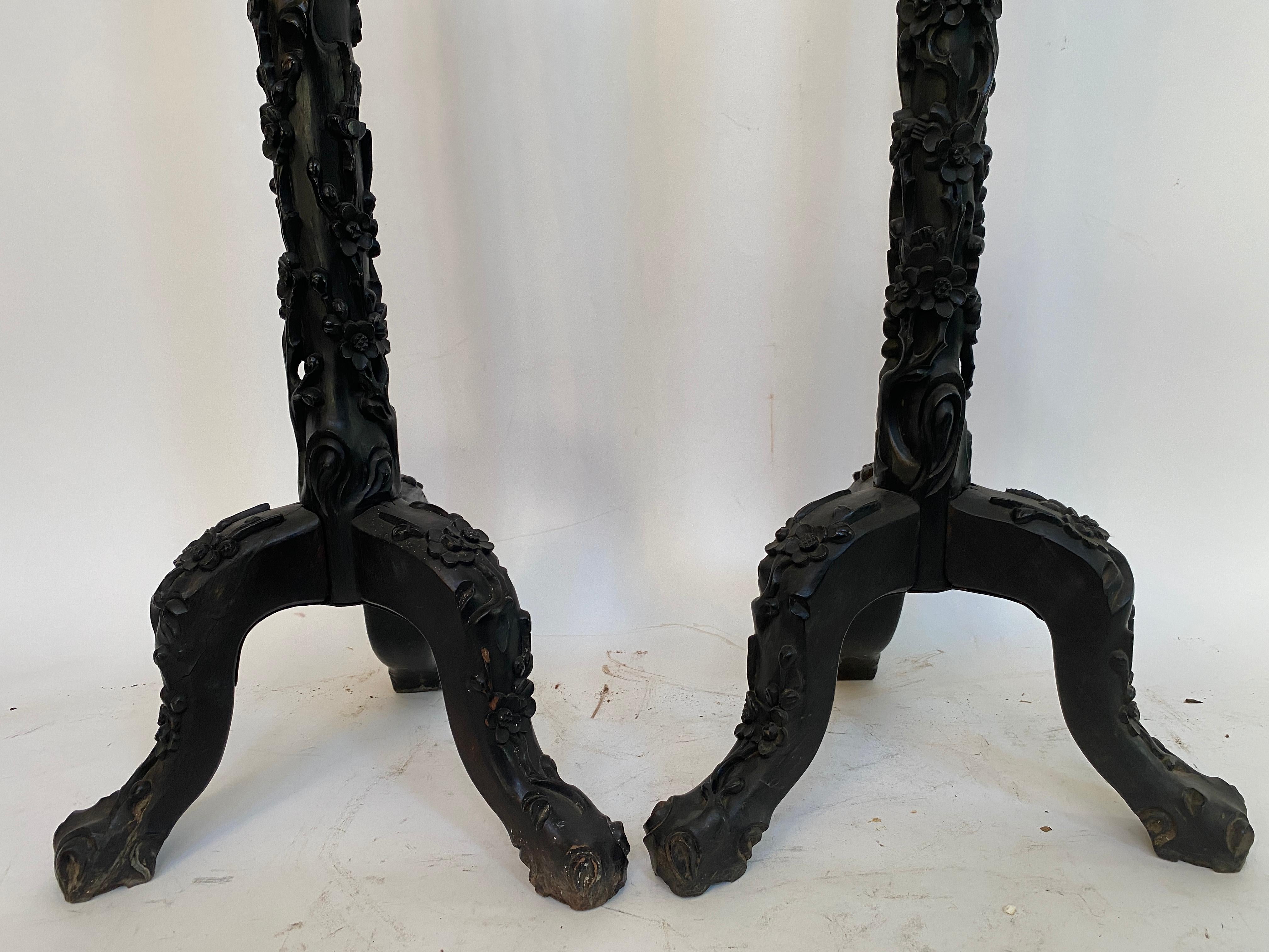 Hand-Carved 19th Century Unique Chinese Carved Hardwood Flower Tall Stands For Sale