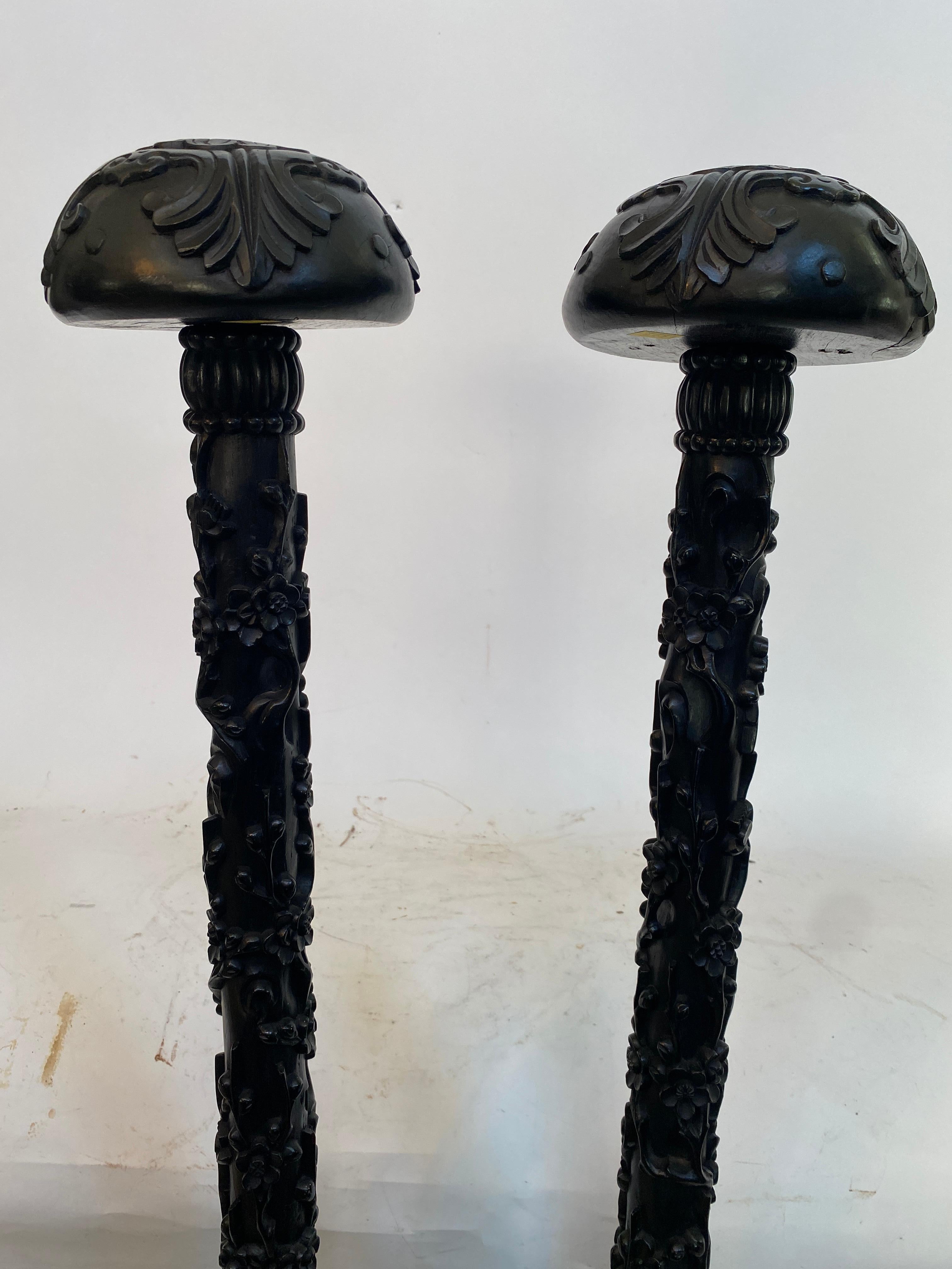 19th Century Unique Chinese Carved Hardwood Flower Tall Stands For Sale 4