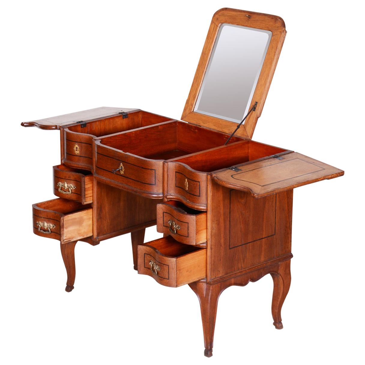 19th Century Unique Brown Czech Baroque Oak Writing Desk with Mirror, 1820s