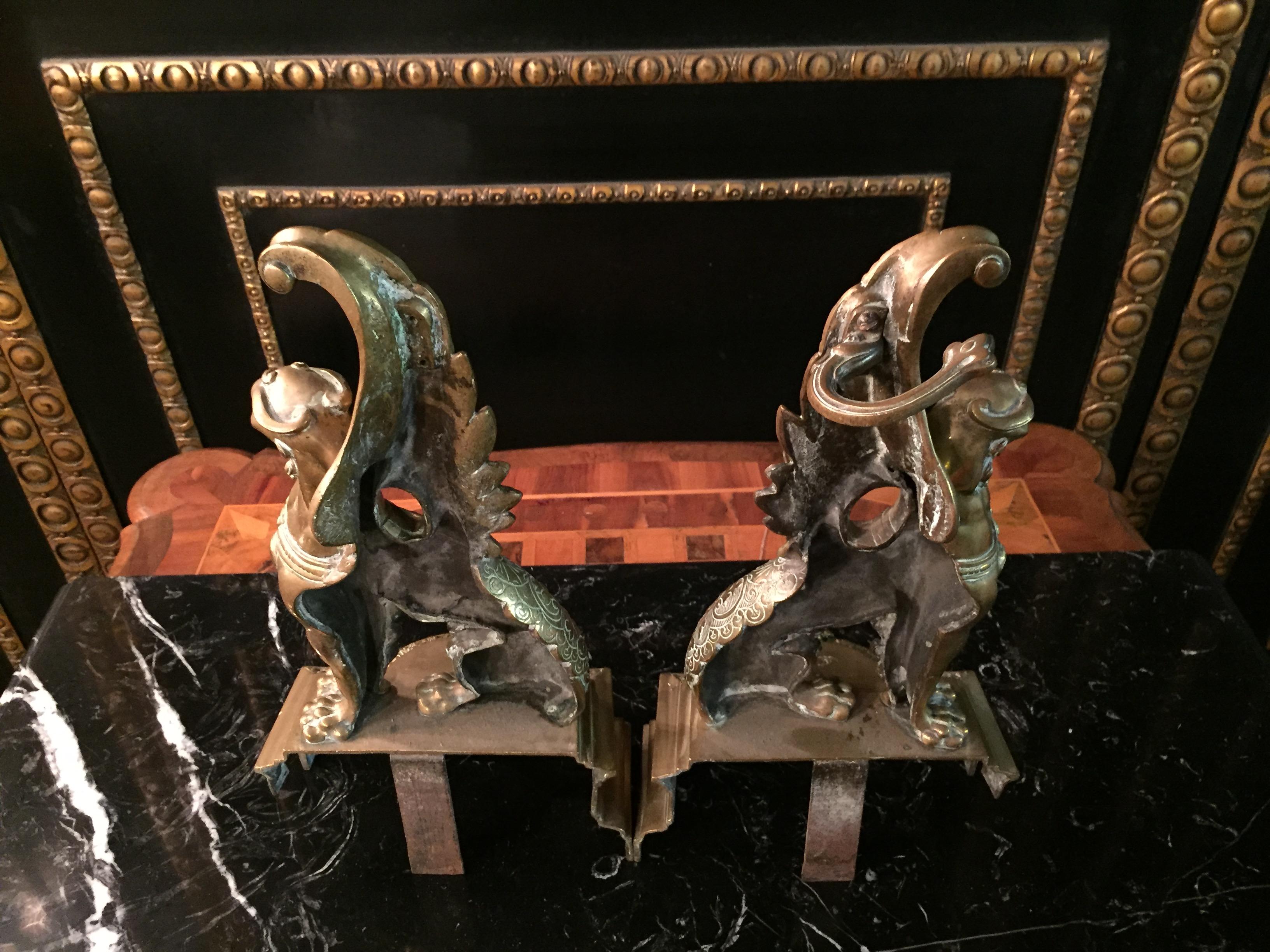 19th Century Unique Empire Stil Fireplace Porch  2 Lions with Wings Bronze 11