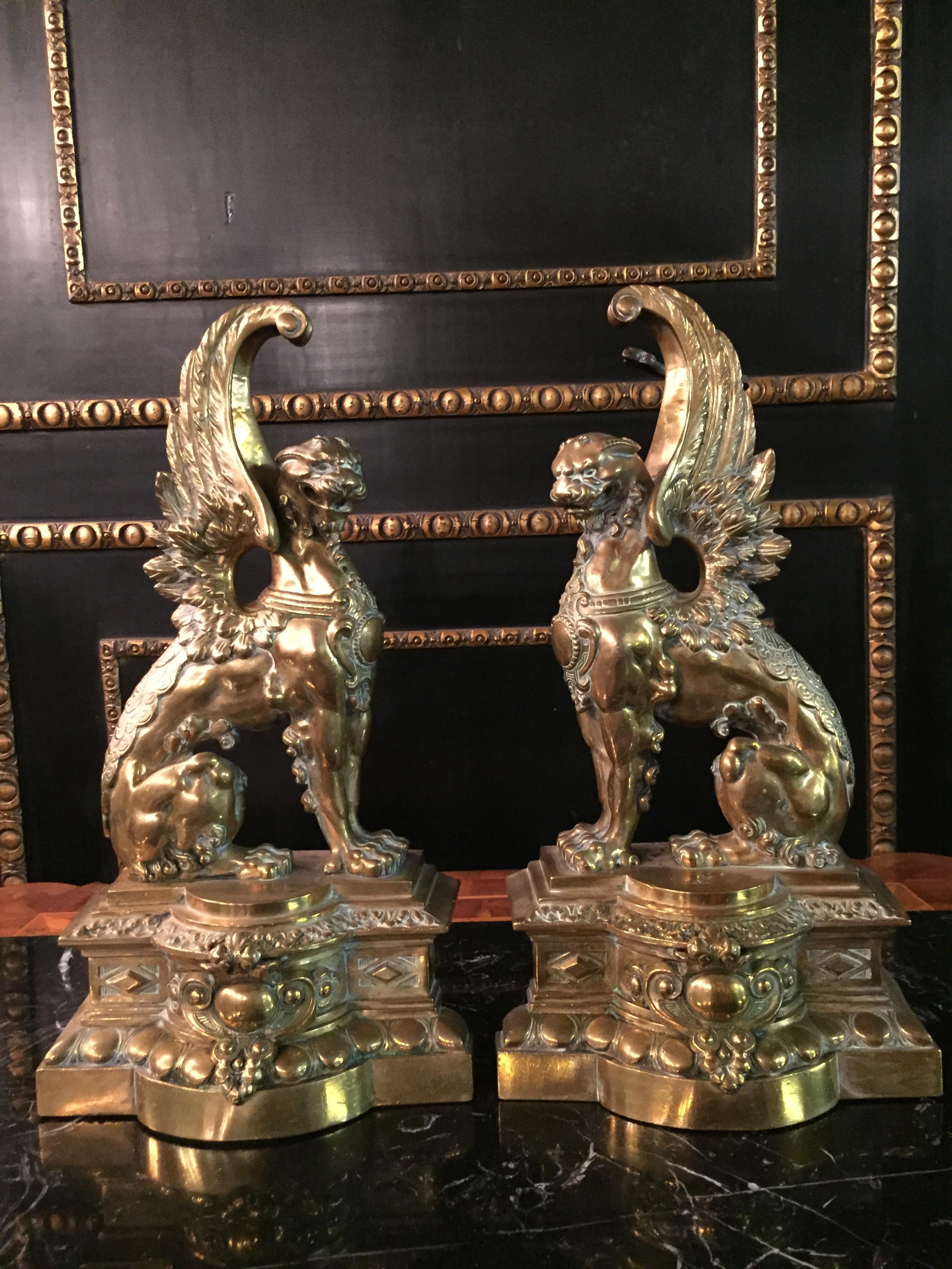 19th Century Unique Empire Stil Fireplace Porch  2 Lions with Wings Bronze In Good Condition In Berlin, DE