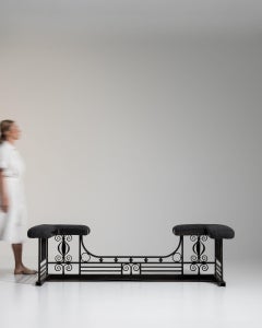 19th Century United Kingdom Deep Ebony Black Wrought Iron Bench With Wood Seats