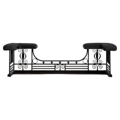 19th Century United Kingdom Deep Ebony Black Wrought Iron Bench With Wood Seats