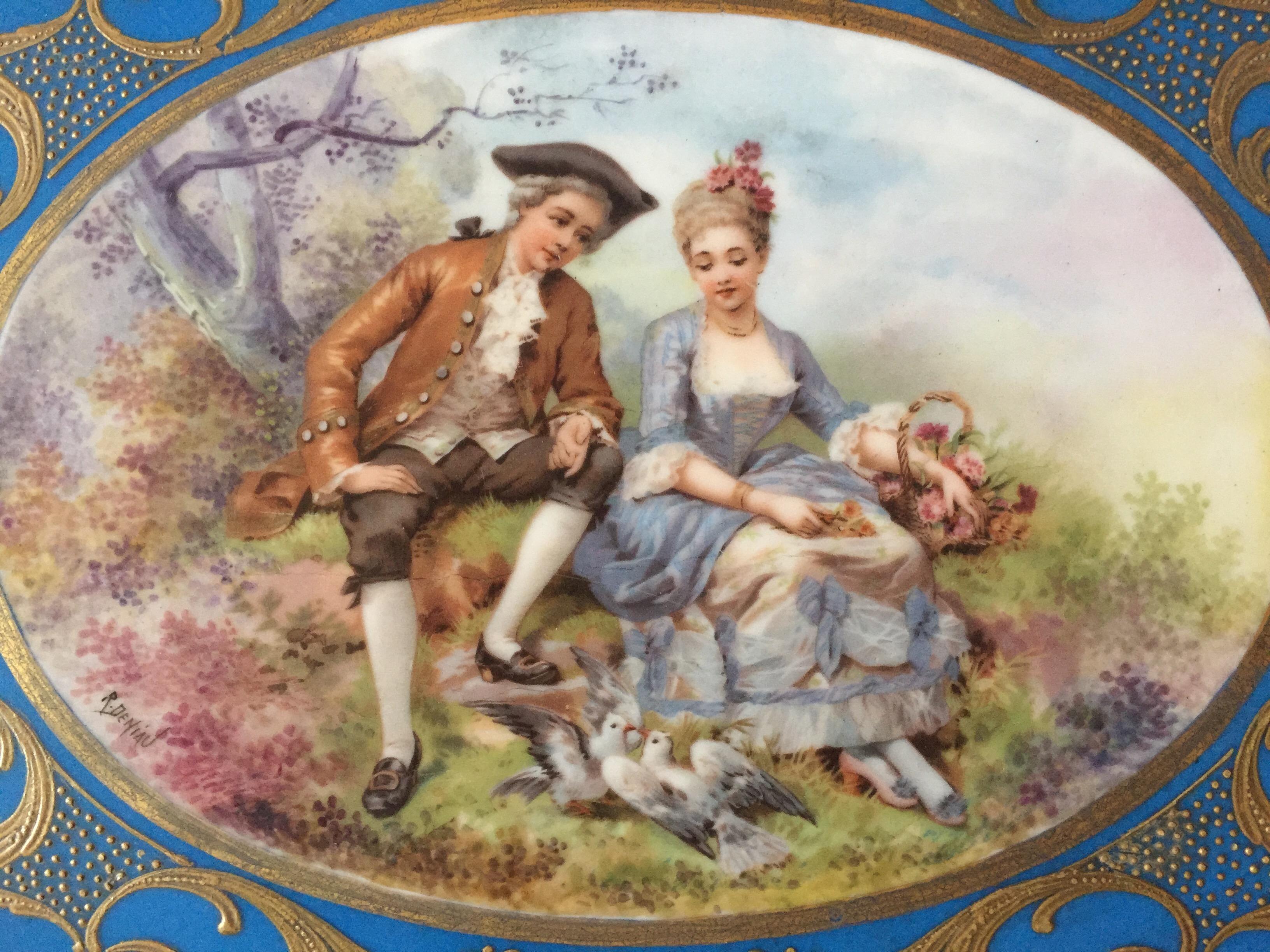 Rococo 19th Century Unmarked Sevres Hand-Painted Porcelain Plaque, Hand Carved Frame For Sale