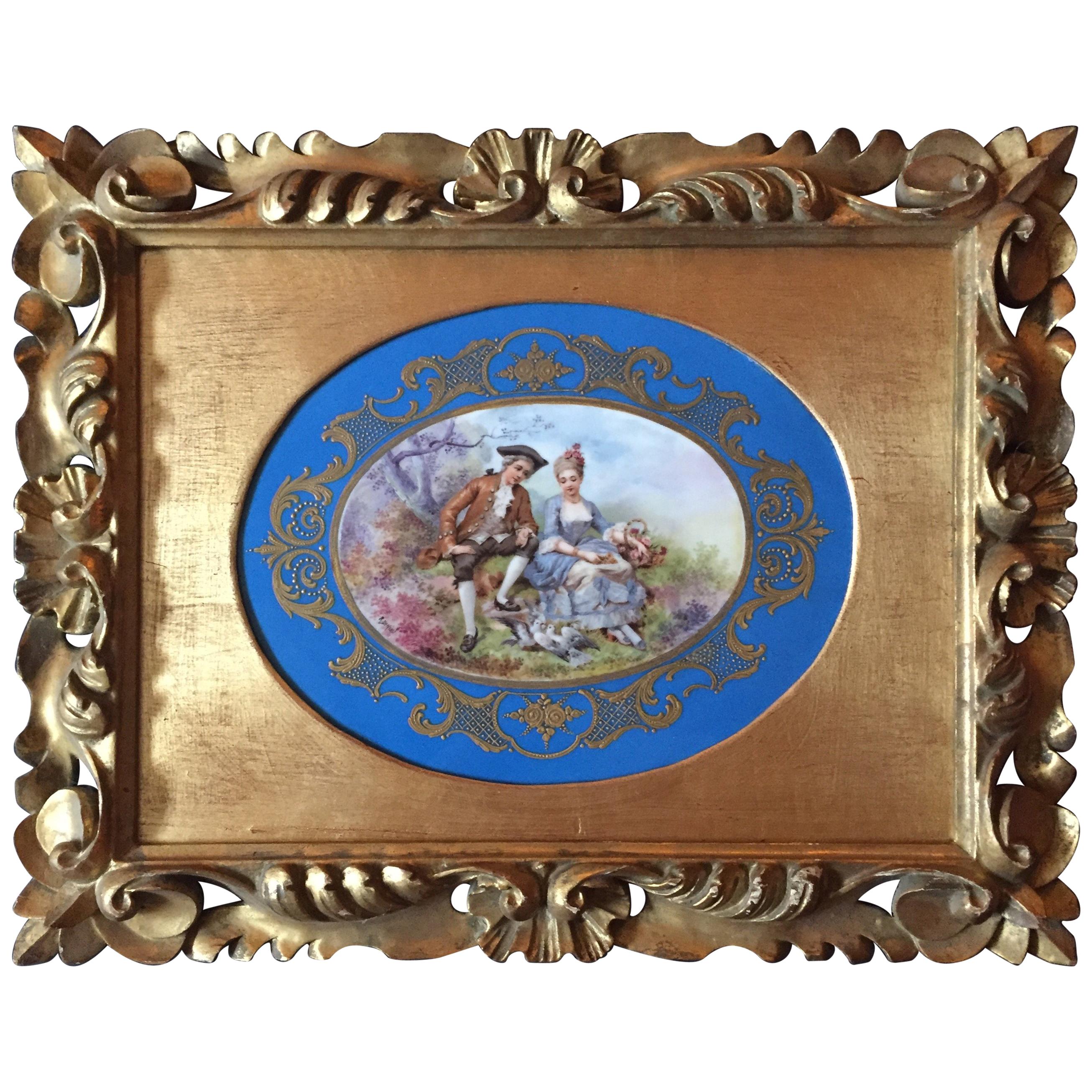 19th Century Unmarked Sevres Hand-Painted Porcelain Plaque, Hand Carved Frame
