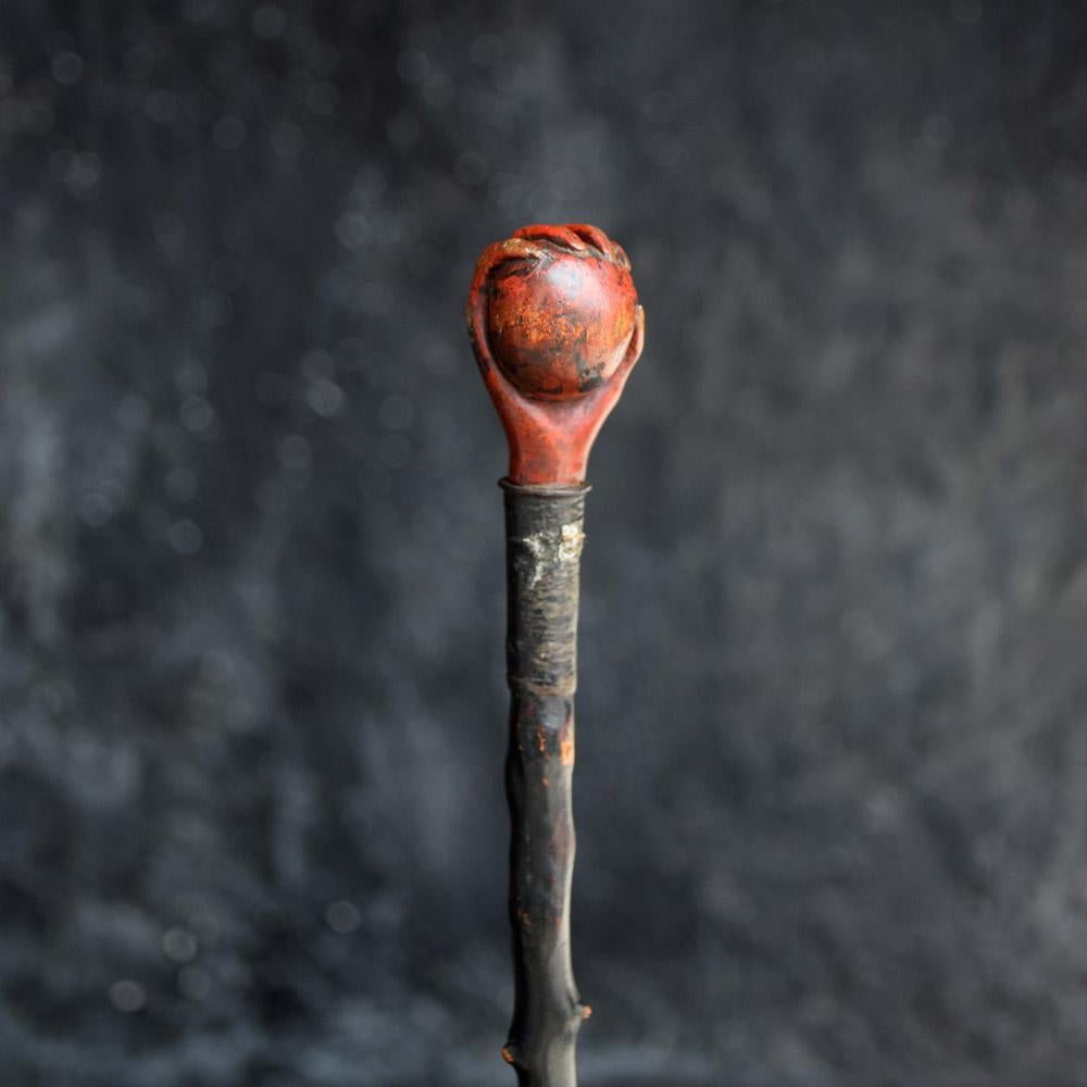 19th Century Unusual Ball and Hand Carved Wood Folk Art English Swagger Stick 4