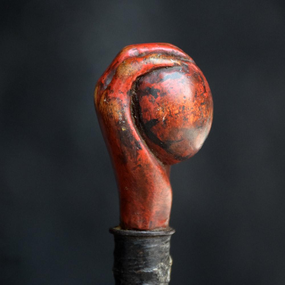 19th century Unusual ball and hand carved wood Folk Art English swagger stick 
Item detail: We are proud to offer a unique late-19th century Folk Art hand carved swagger stick, made from a single piece of carved vine branch and decorated at the tip