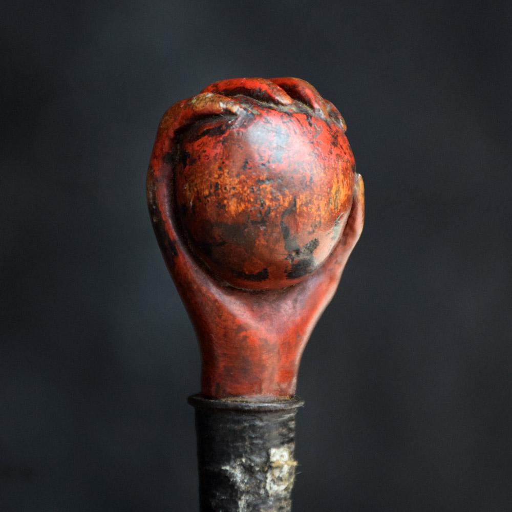 19th Century Unusual Ball and Hand Carved Wood Folk Art English Swagger Stick In Fair Condition In London, GB