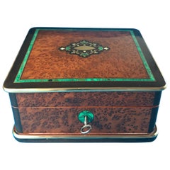 Antique 19th Century Unusual French Ebony, Brass, Malachite Inlaid Box