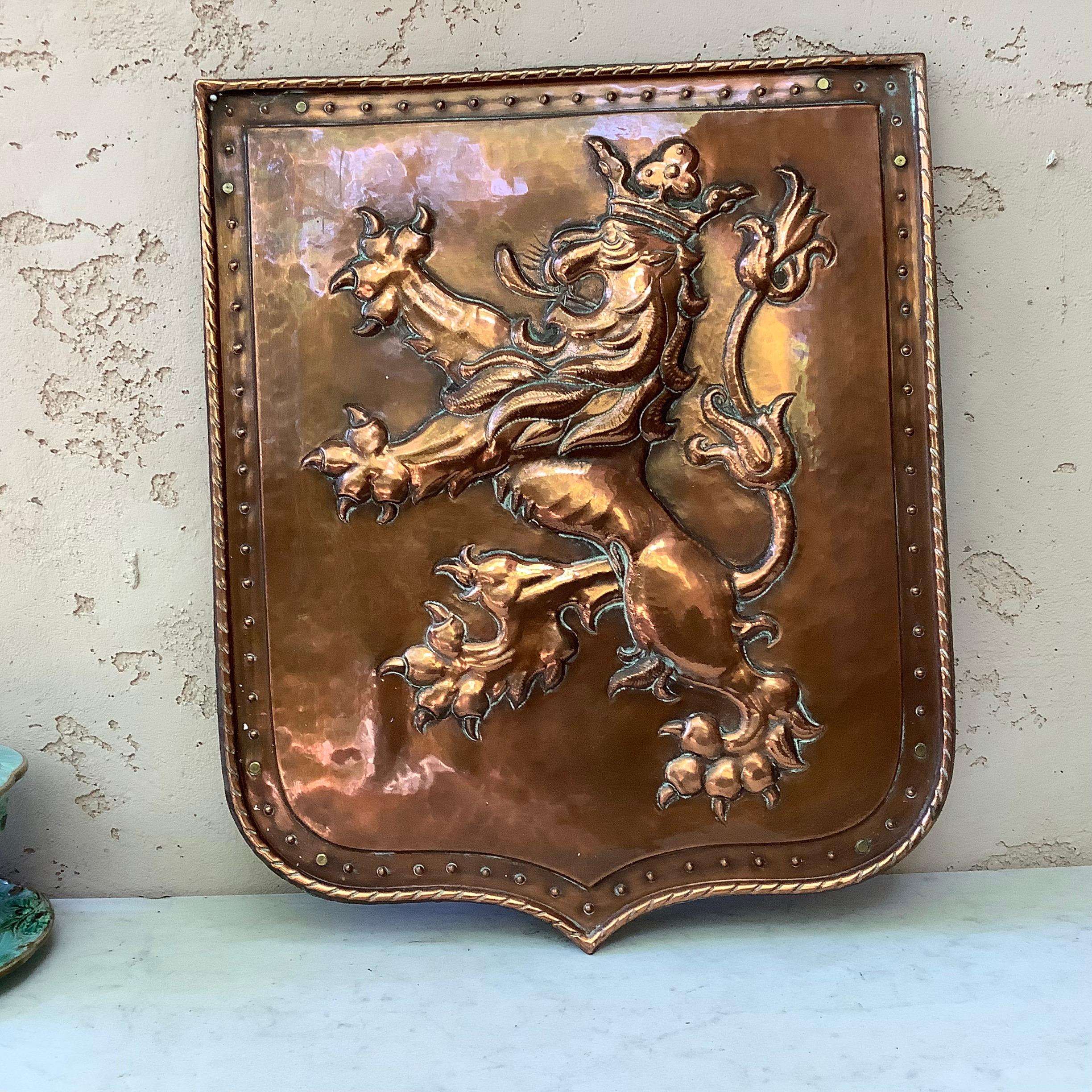 Unusual French hammered copper crest lion coat of arms , circa 1890.