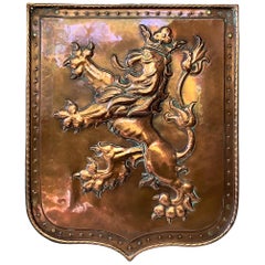 19th Century Unusual French Hammered Copper Crest Coat of Arms With a Lion