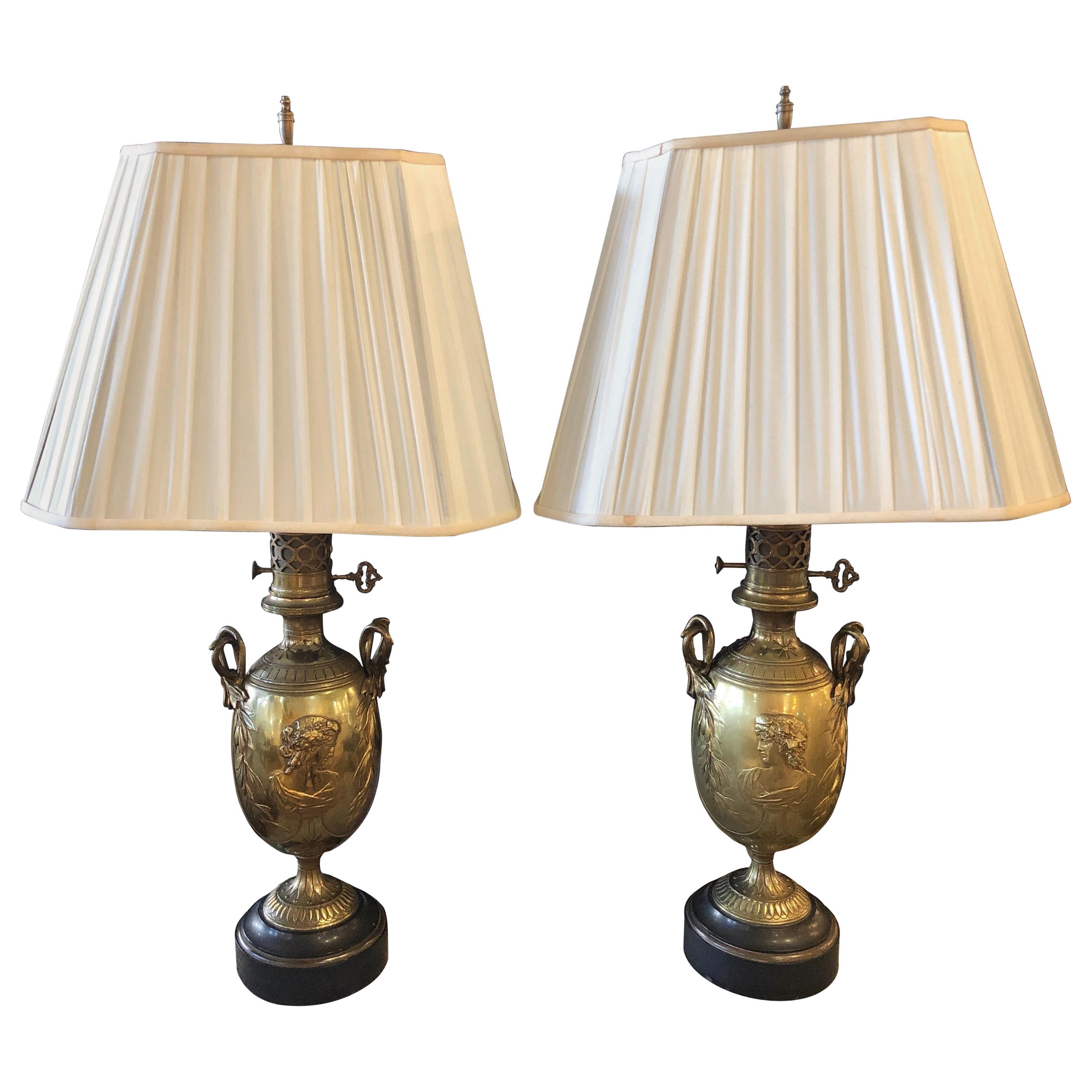 19th Century Urn Shaped Grecian Doré Bronze Table Lamps, a Pair