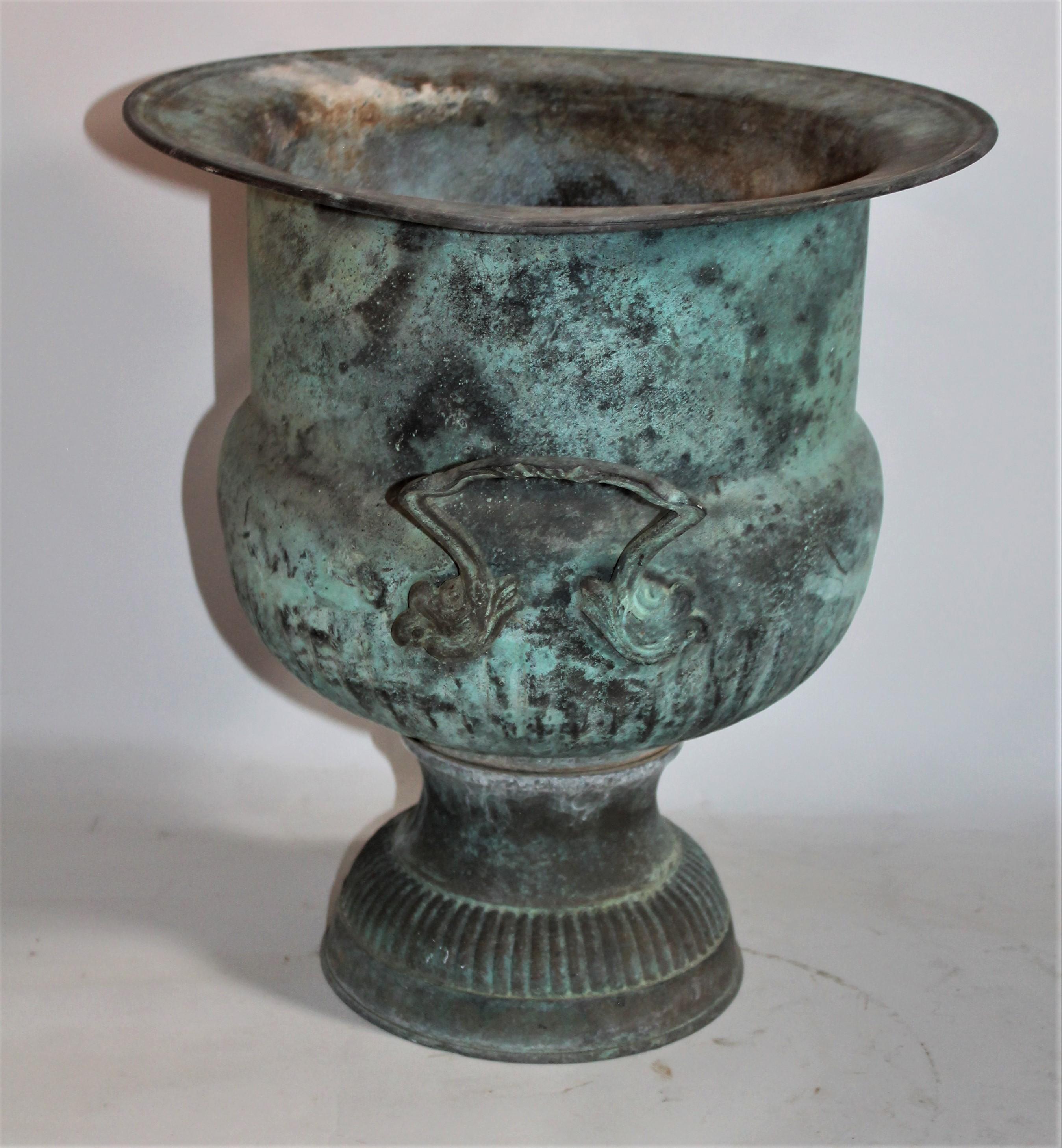 American Classical 19th Century Urn with Handles in Patinated Copper Surface