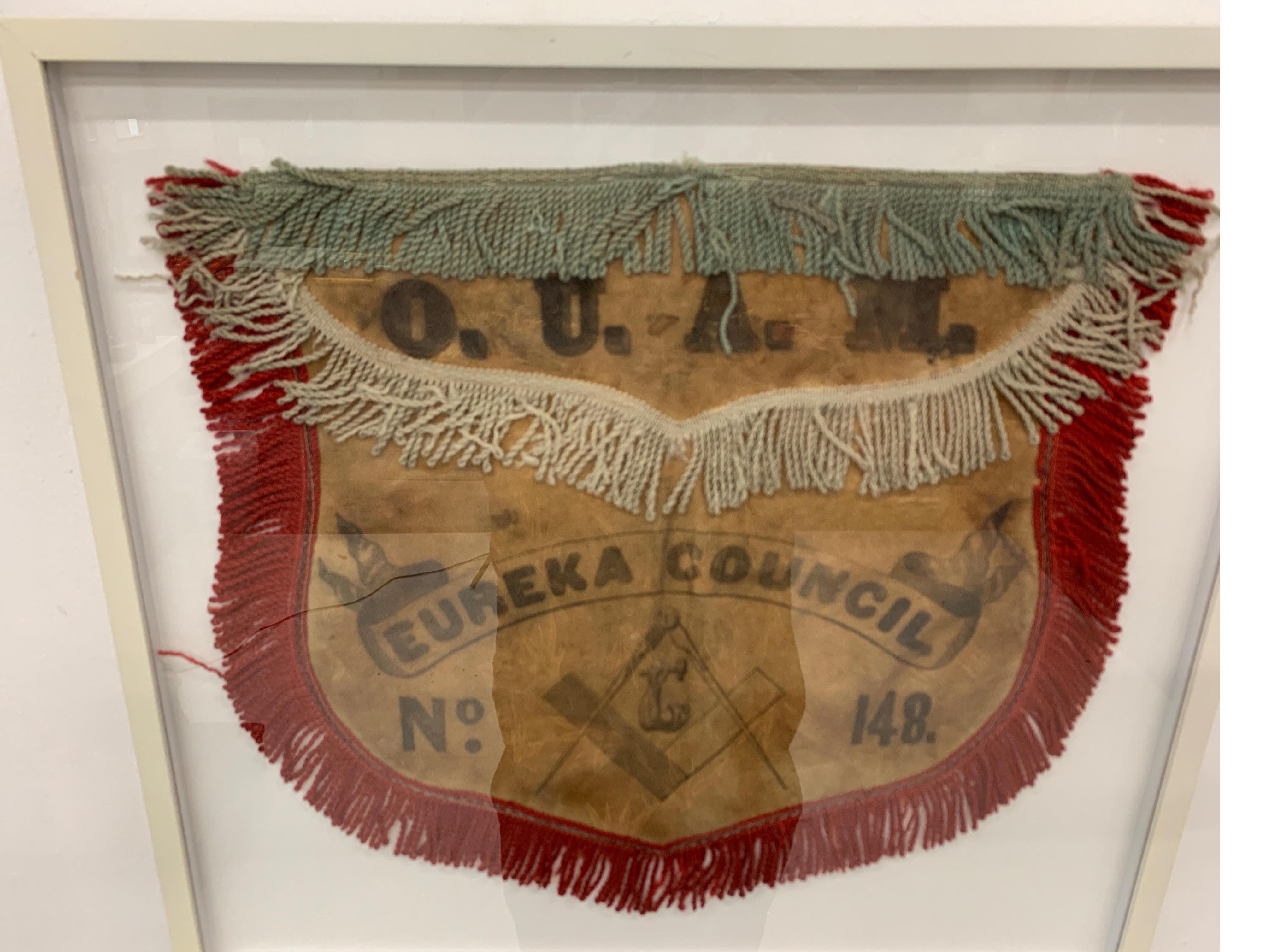 19th century leather Masonic apron from Eureka Council #148, California, mounted in a custom frame.